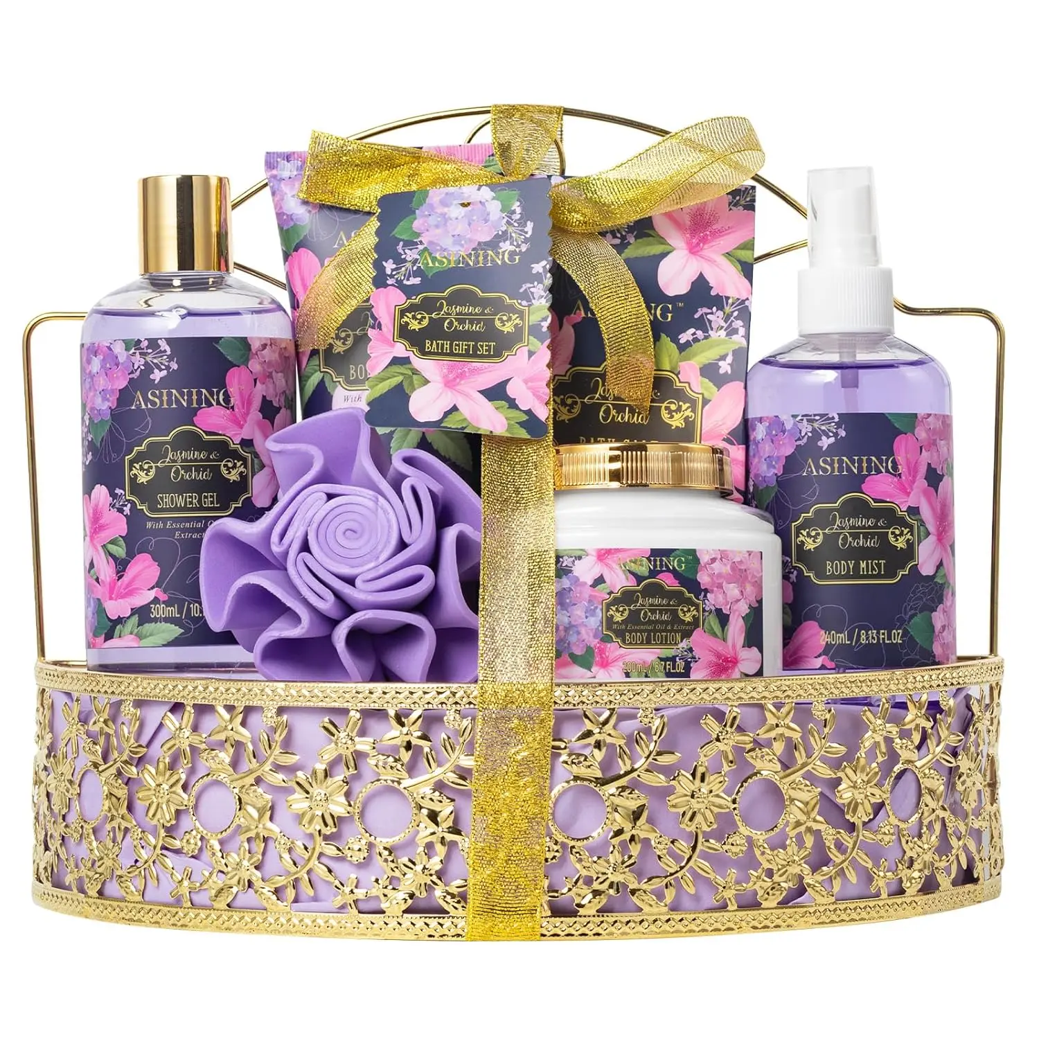 This orchid and jasmine scented spa gift basket for women includes lotion and other bath and beauty products for a luxurious at-home spa day.
