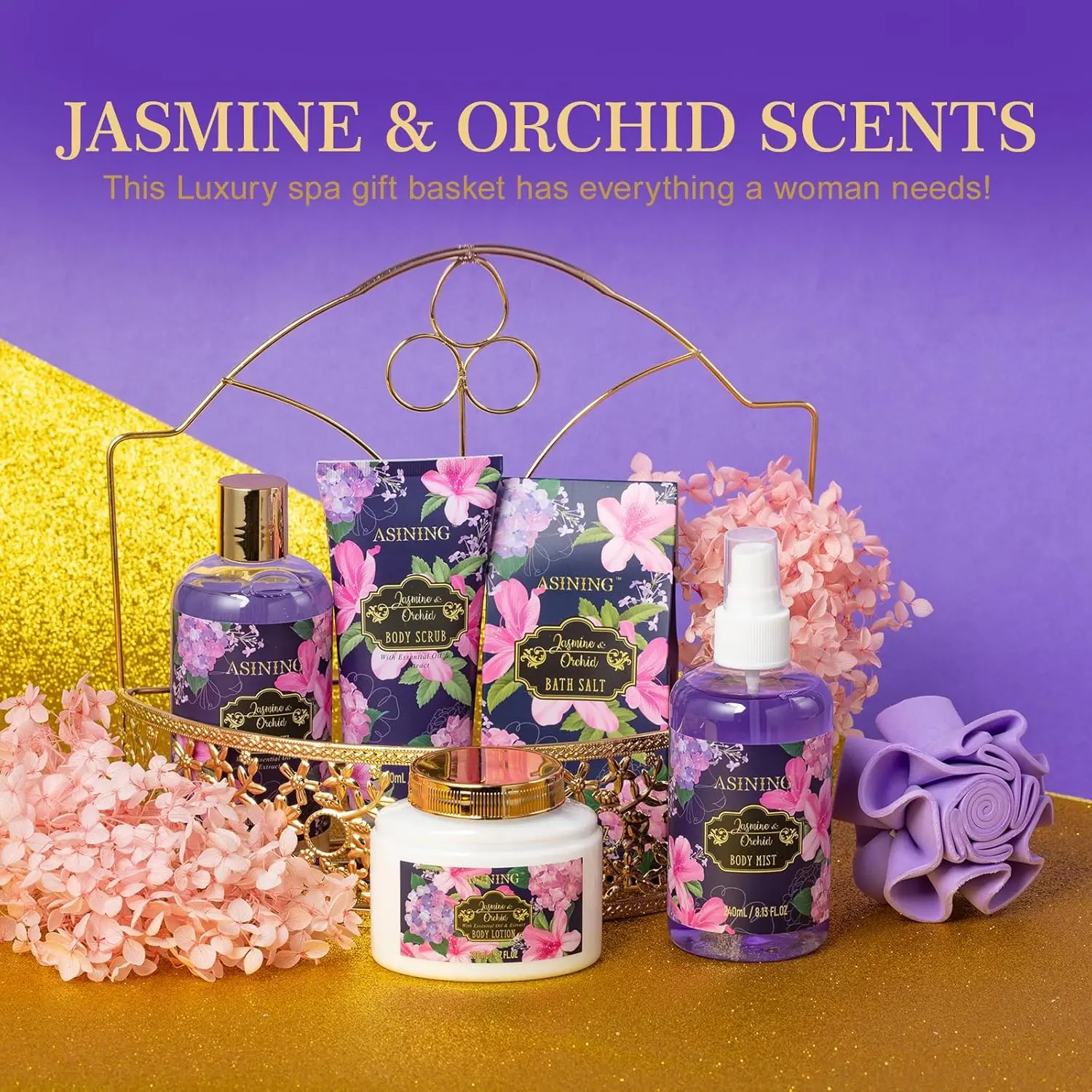 This orchid and jasmine scented spa gift basket for women includes lotion and other bath and beauty products for a luxurious at-home spa day.