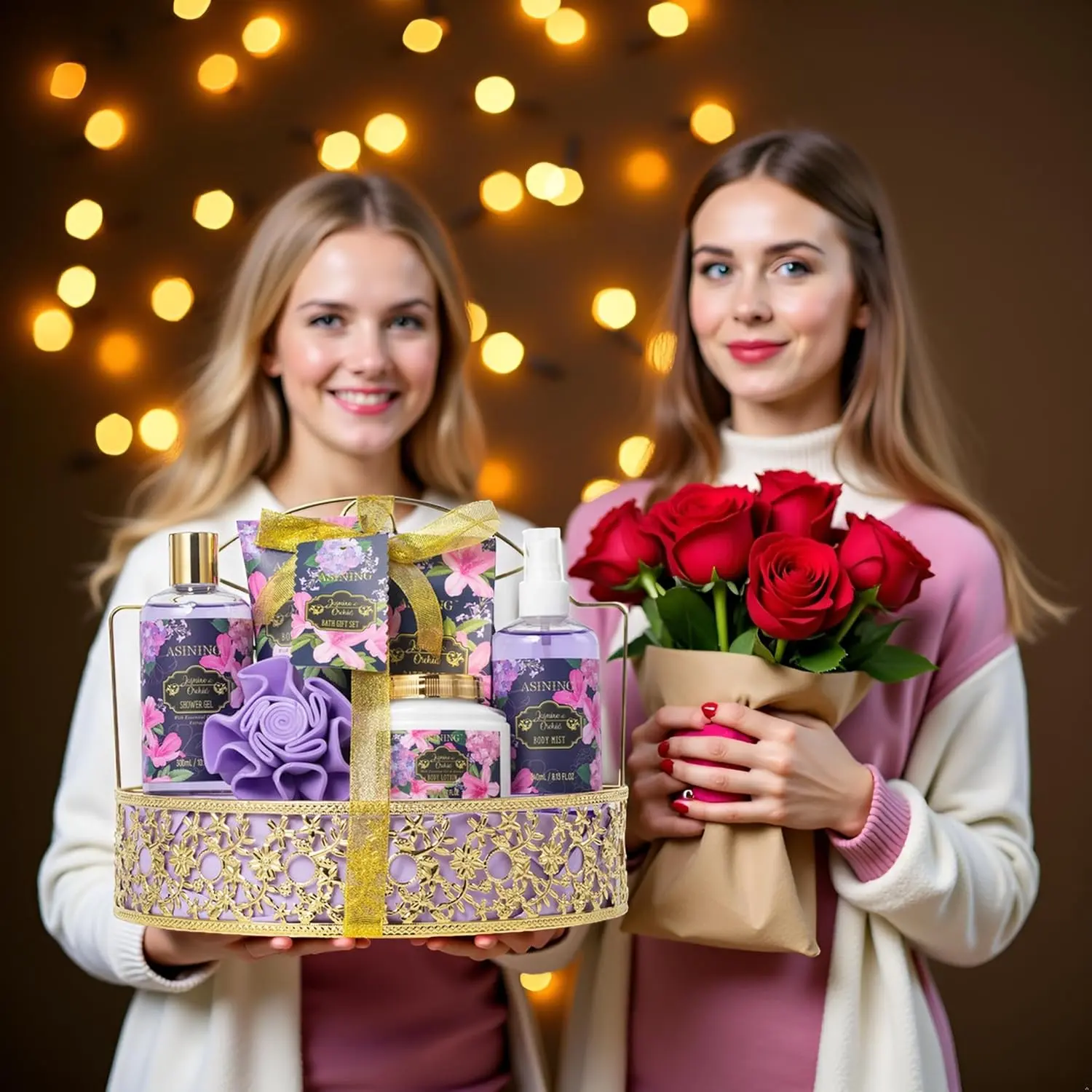 This orchid and jasmine scented spa gift basket for women includes lotion and other bath and beauty products for a luxurious at-home spa day.