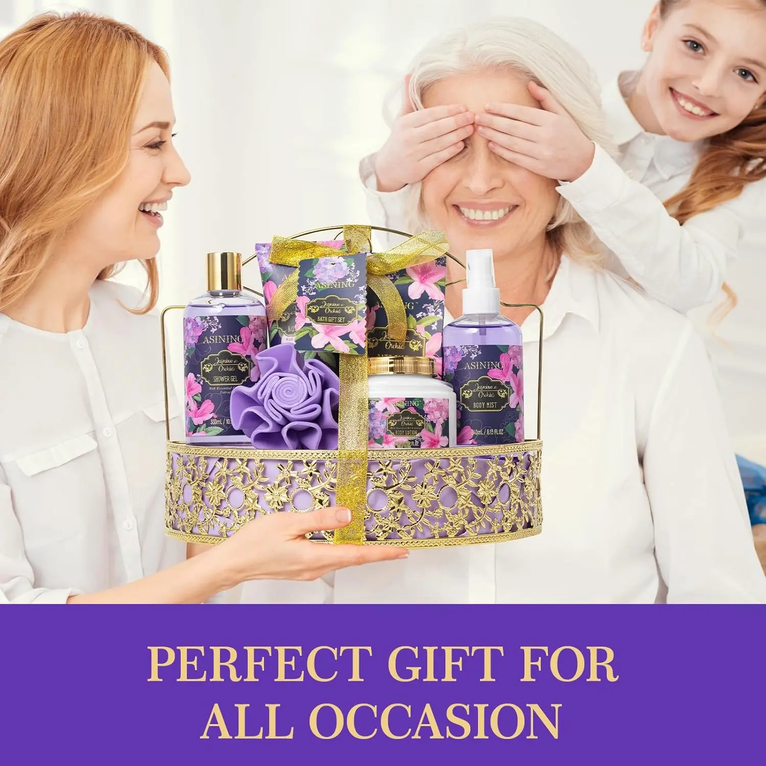 This orchid and jasmine scented spa gift basket for women includes lotion and other bath and beauty products for a luxurious at-home spa day.