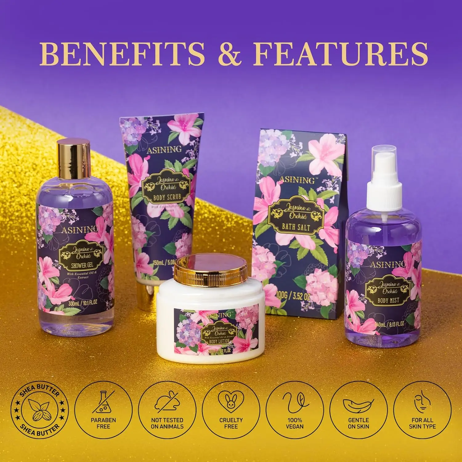 This orchid and jasmine scented spa gift basket for women includes lotion and other bath and beauty products for a luxurious at-home spa day.
