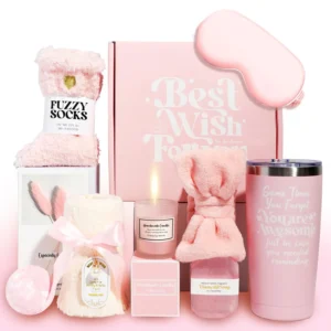 This luxury spa gift box for women includes a tumbler, candle, bath bomb, soap, eye mask, socks and more, perfect for relaxation and self-care at home.