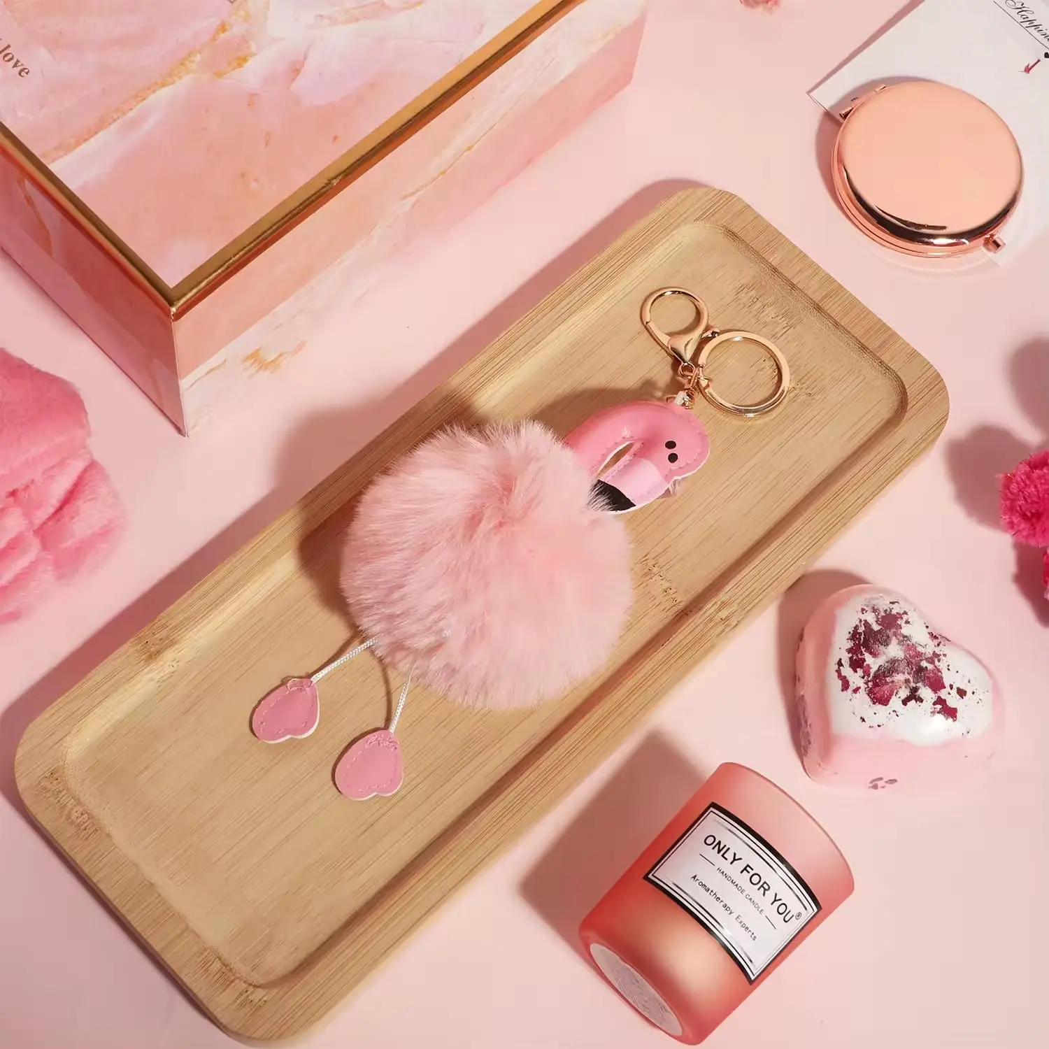 Luxurious spa gift box for women featuring bath bombs, diamond soap, a candle, and other self-care accessories, beautifully packaged with dried flowers for a perfect relaxation gift.