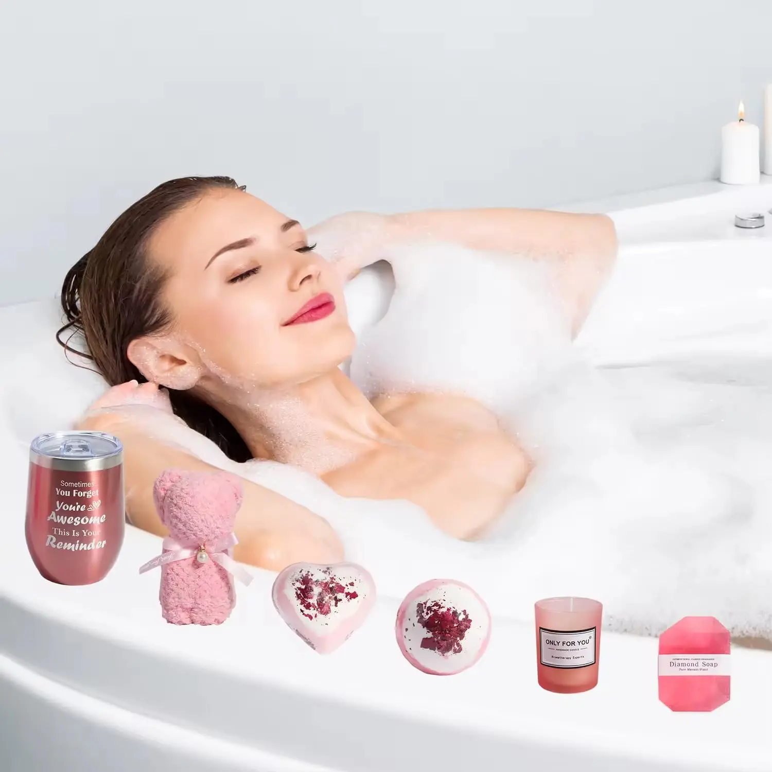 Luxurious spa gift box for women featuring bath bombs, diamond soap, a candle, and other self-care accessories, beautifully packaged with dried flowers for a perfect relaxation gift.