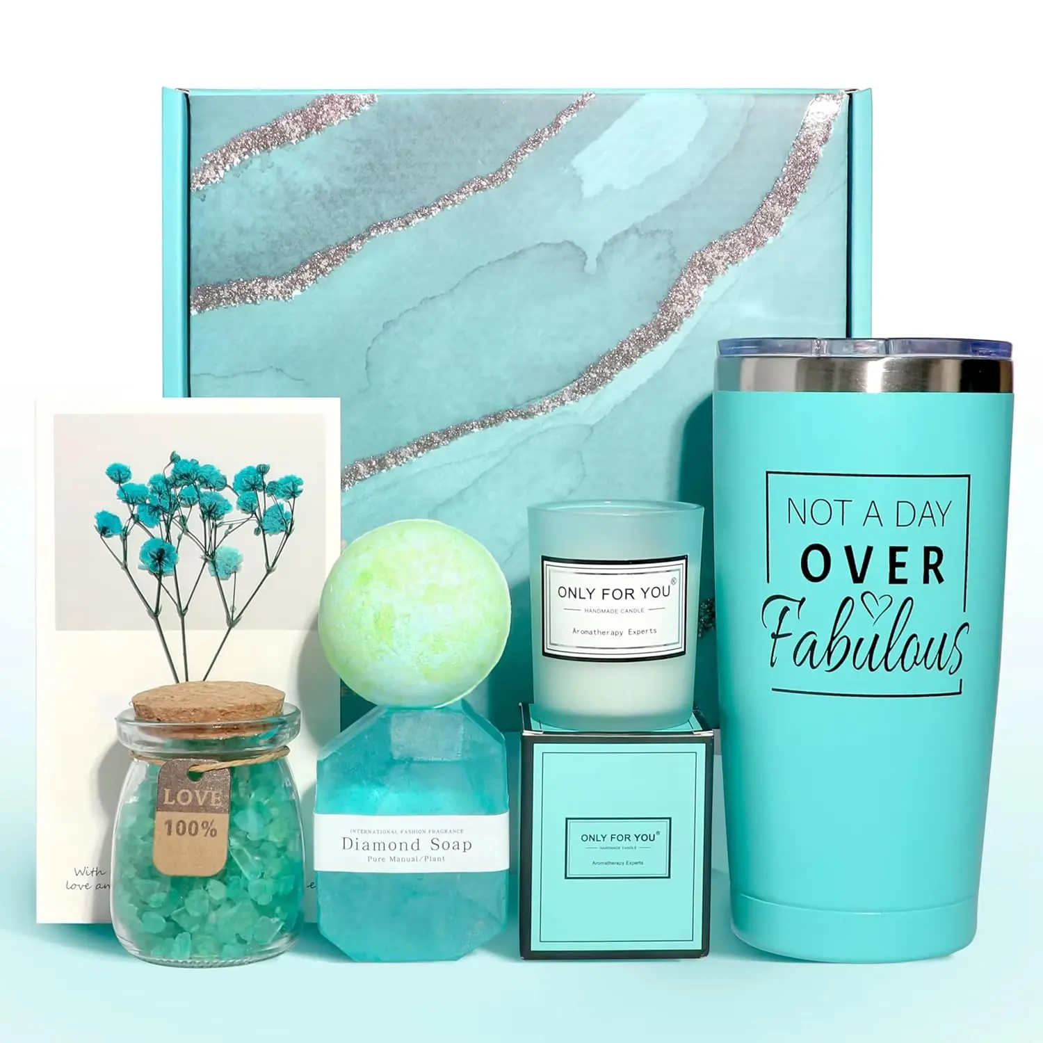 Luxurious spa gift box for women featuring bath bombs, diamond soap, a candle, and other self-care accessories, beautifully packaged with dried flowers for a perfect relaxation gift.