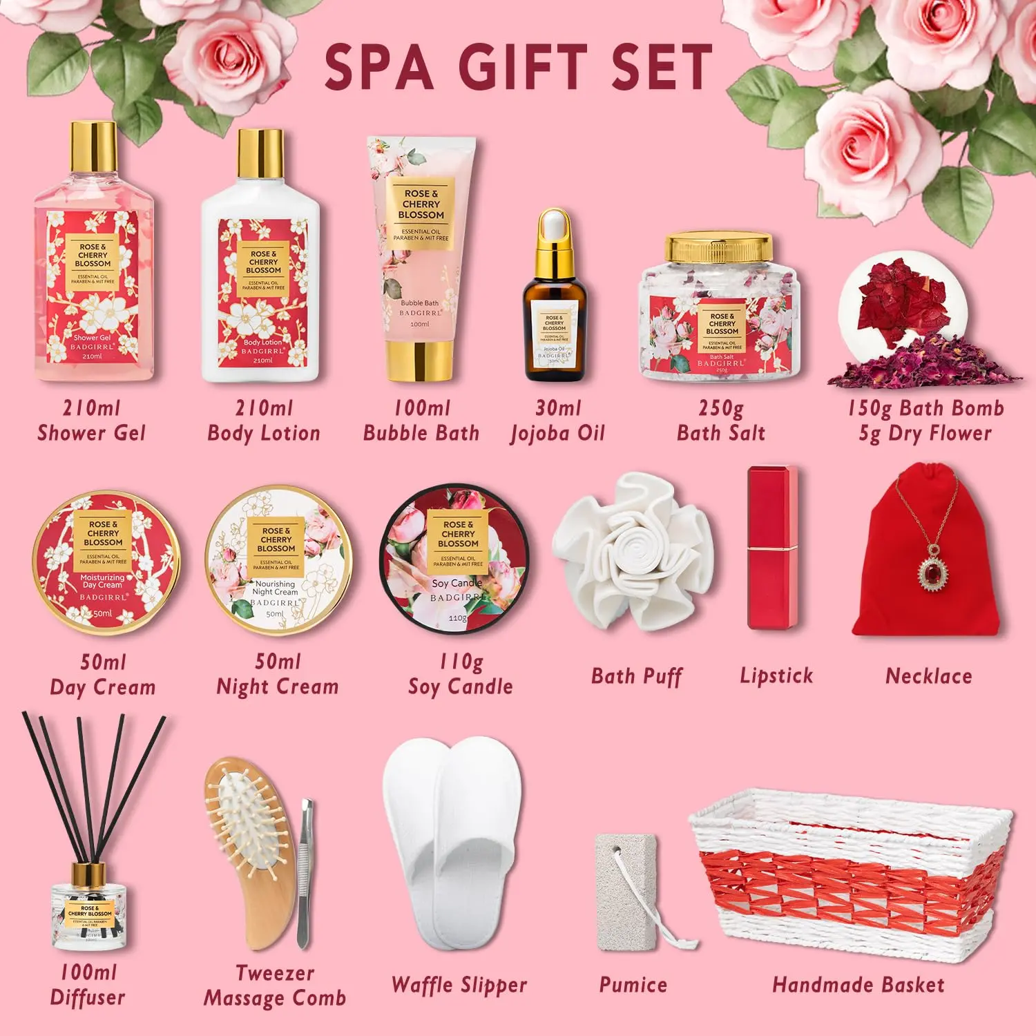 This luxurious rose and cherry blossom spa gift set includes bath bombs, lotions, and aromatherapy items in a handmade basket, perfect for Christmas, birthdays, or Mother's Day.