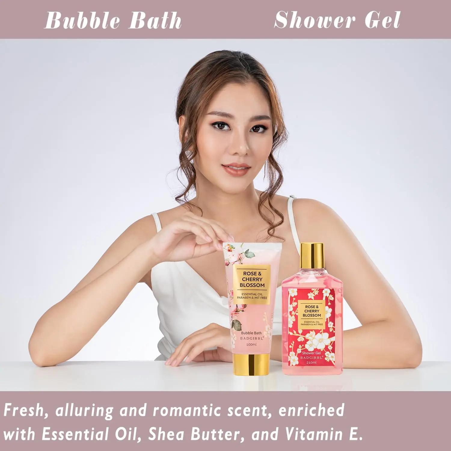 This luxurious rose and cherry blossom spa gift set includes bath bombs, lotions, and aromatherapy items in a handmade basket, perfect for Christmas, birthdays, or Mother's Day.