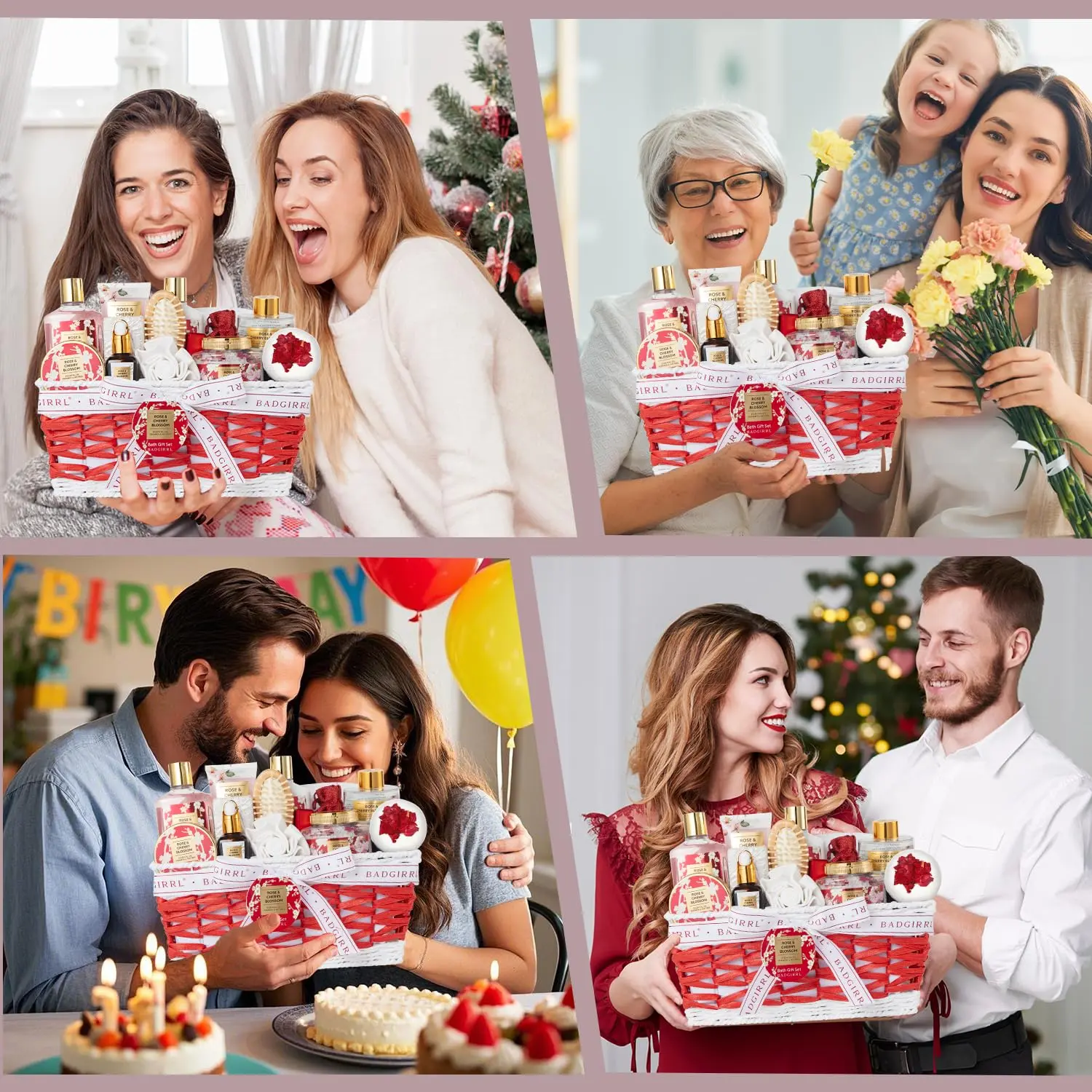 This luxurious rose and cherry blossom spa gift set includes bath bombs, lotions, and aromatherapy items in a handmade basket, perfect for Christmas, birthdays, or Mother's Day.