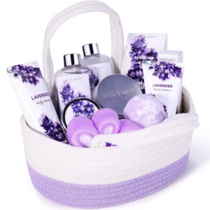 This 11-piece lavender spa gift set for women by Body & Earth includes shower gel, bubble bath, body lotion, and a reusable basket for a luxurious at-home spa experience perfect for birthdays or Valentine's Day.
