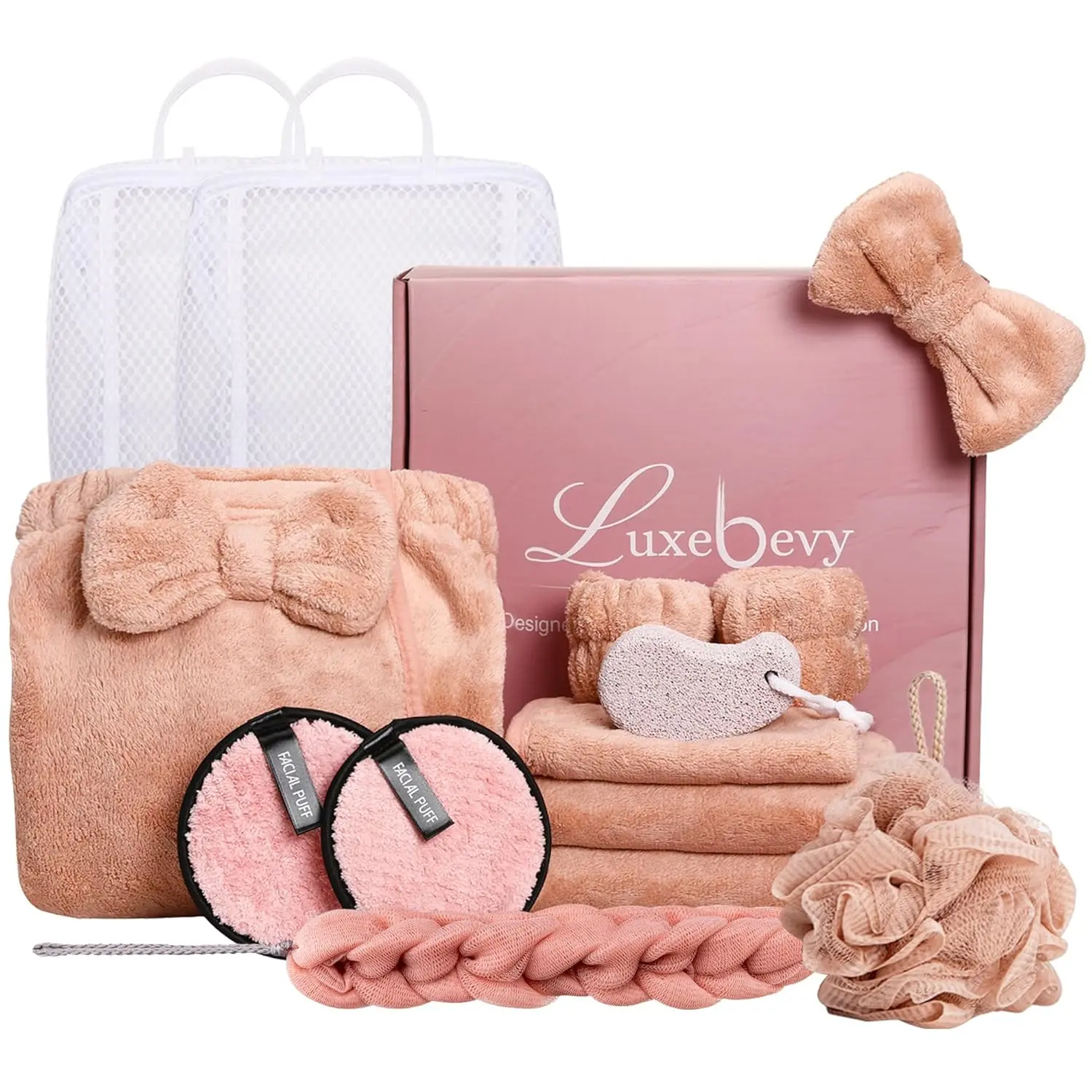 This 14-piece spa gift set for women includes a coral fleece towel wrap, hair towel, loofah, back scrubber, and makeup remover pads, perfect for a luxurious at-home spa experience.