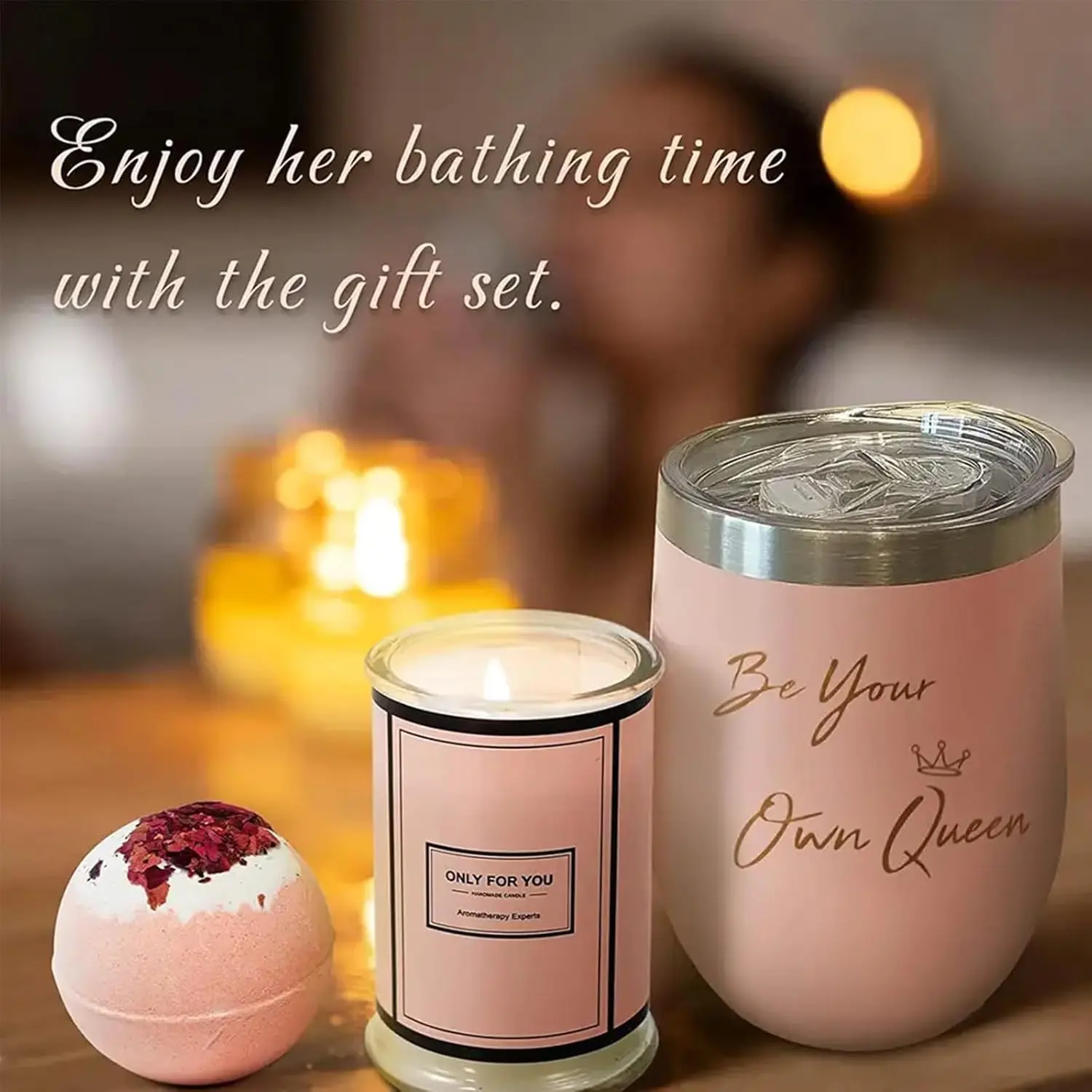 This spa gift set for women includes a tumbler, bath bomb, handmade soap, scented candle, towel, eye mask and gift card perfect for birthday gifts for mom, wife, sister, and best friend.