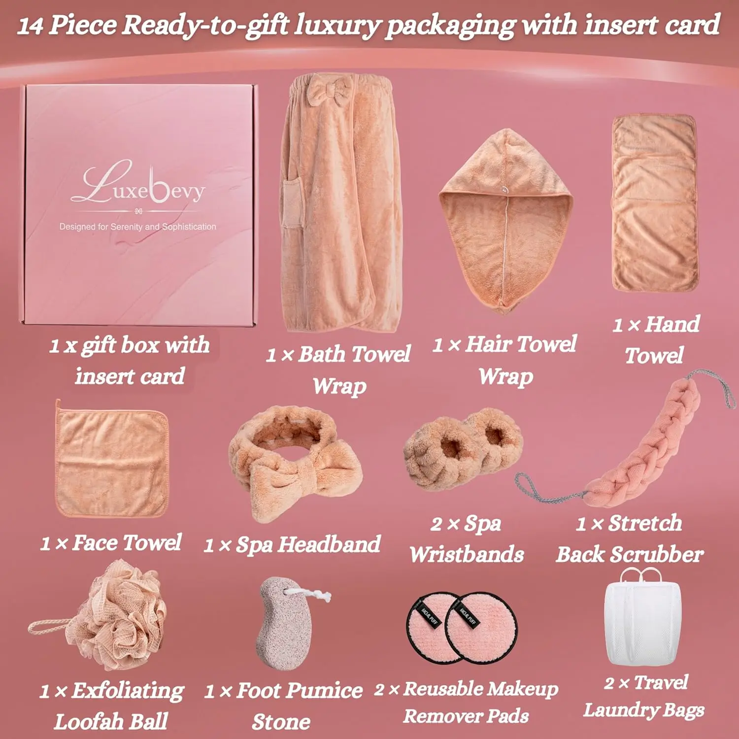 This 14-piece spa gift set for women includes a coral fleece towel wrap, hair towel, loofah, back scrubber, and makeup remover pads, perfect for a luxurious at-home spa experience.
