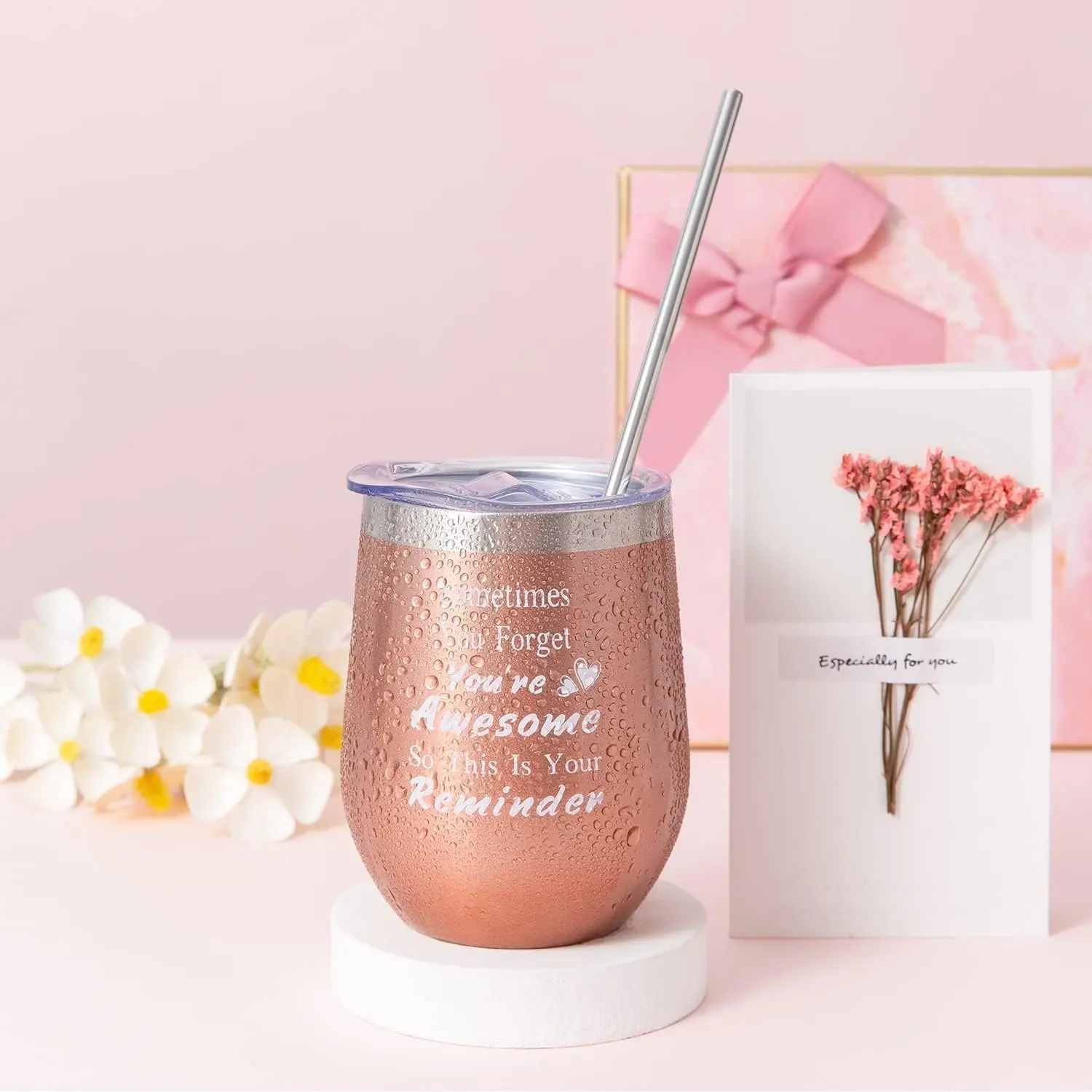 This spa gift set for women includes a rose gold cup, bath bomb, candle, soap, and other relaxing items, making it a perfect birthday or self-care gift.