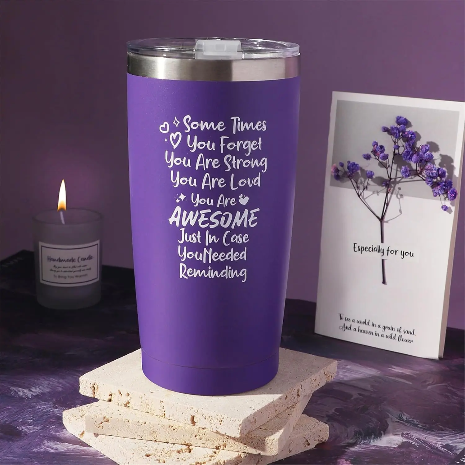 This spa gift set for women includes a lavender candle, bath bomb, handmade soap, bath salts, and a 20oz car cup, all beautifully arranged in a purple gift box.