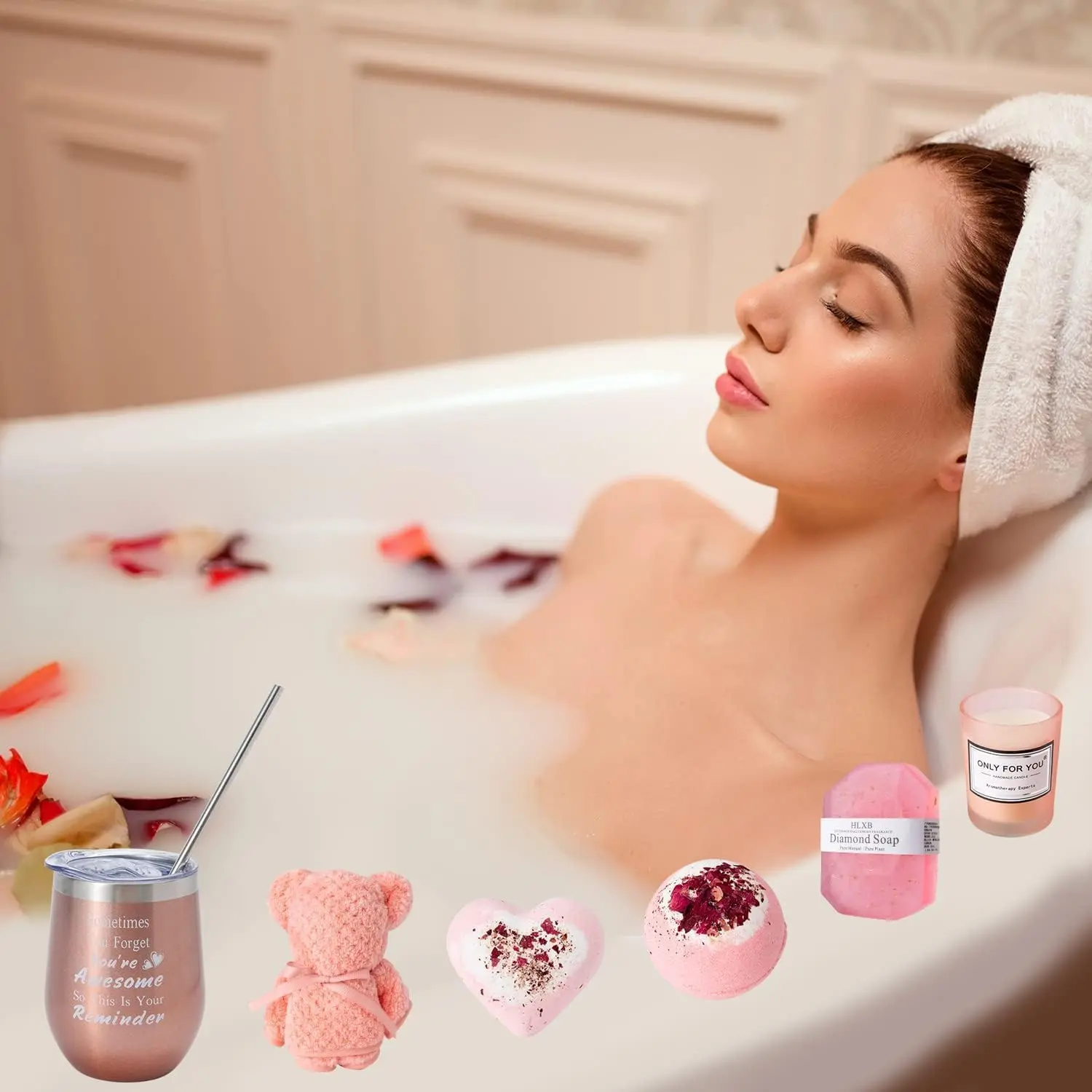 This spa gift set for women includes a rose gold cup, bath bomb, candle, soap, and other relaxing items, making it a perfect birthday or self-care gift.