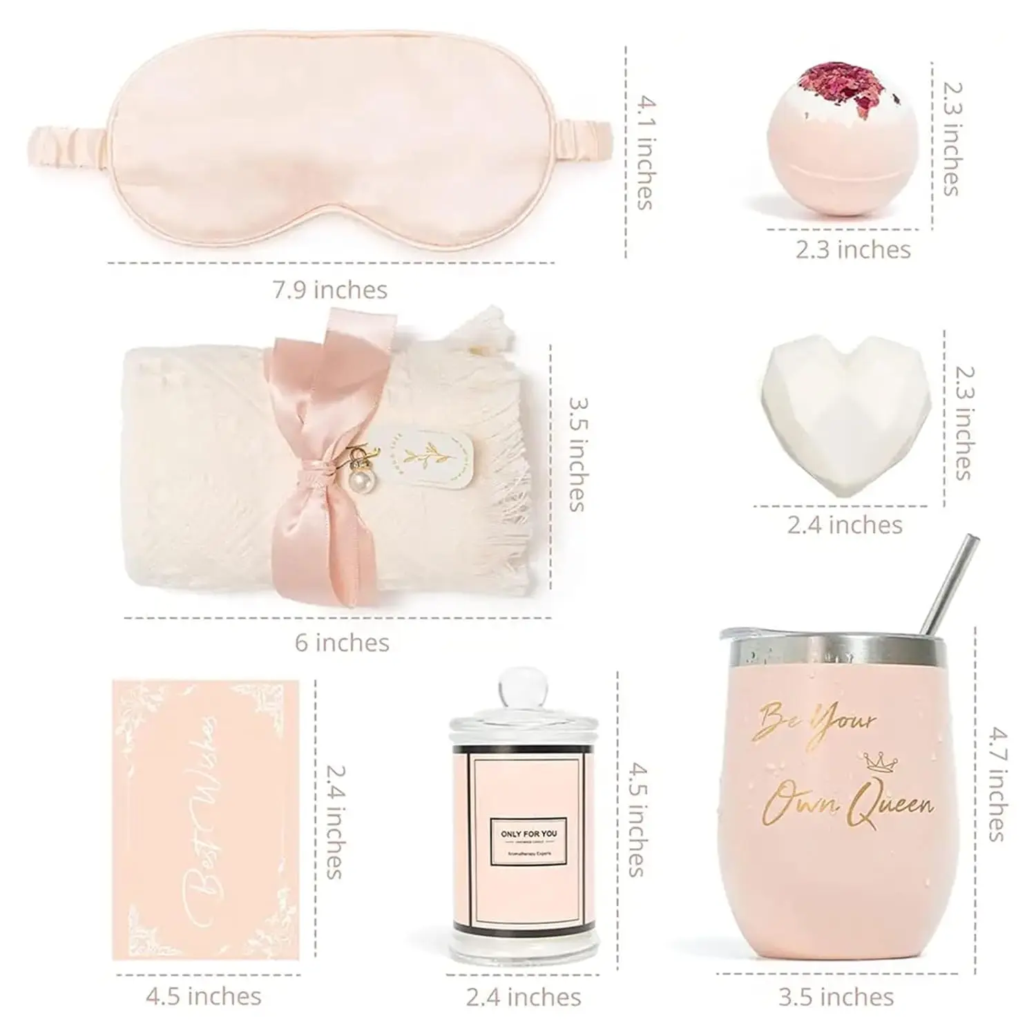 This spa gift set for women includes a tumbler, bath bomb, handmade soap, scented candle, towel, eye mask and gift card perfect for birthday gifts for mom, wife, sister, and best friend.