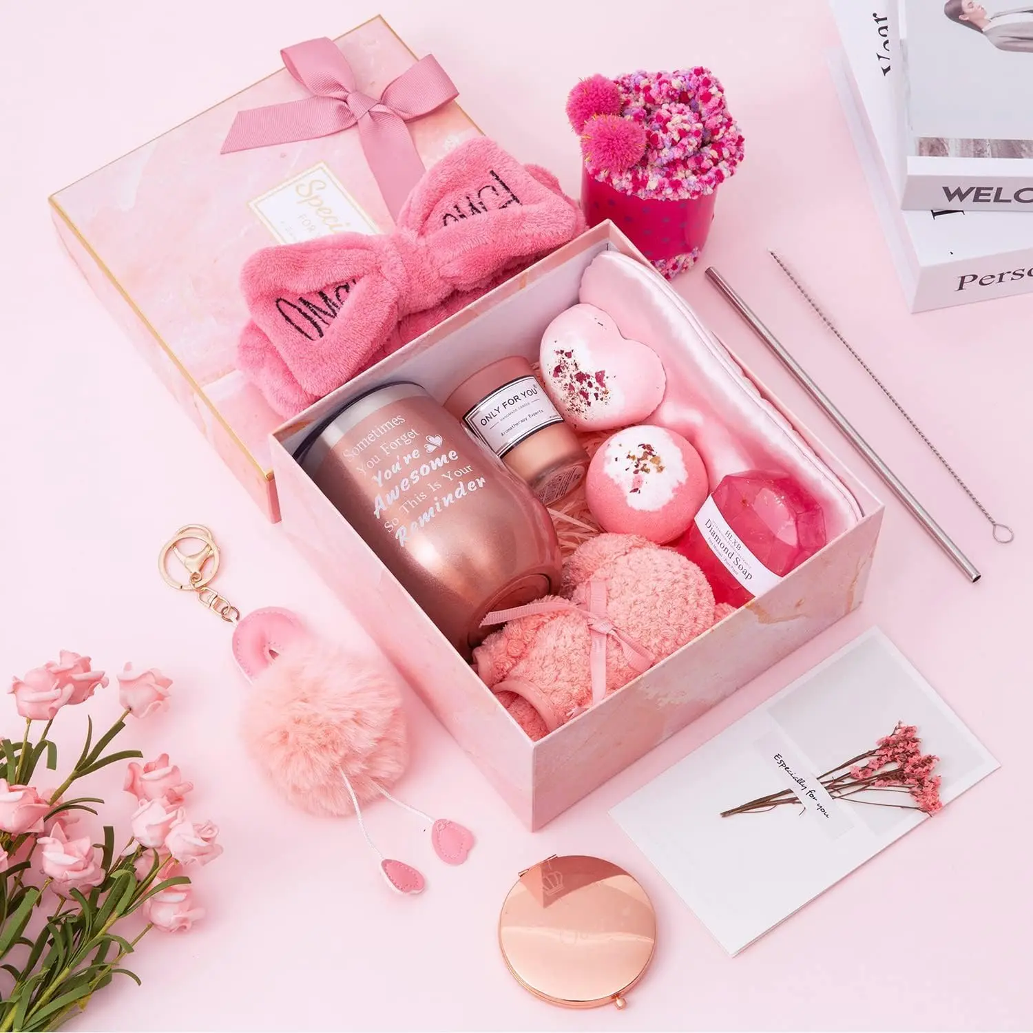 This spa gift set for women includes a rose gold cup, bath bomb, candle, soap, and other relaxing items, making it a perfect birthday or self-care gift.