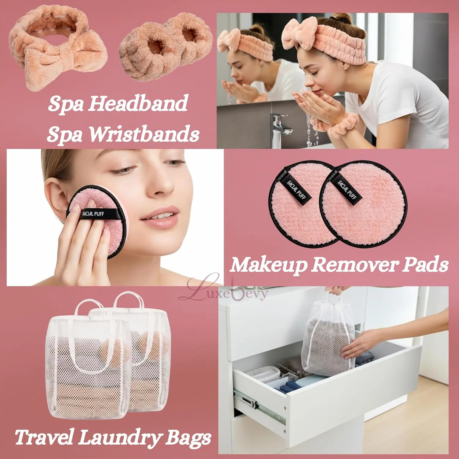 This 14-piece spa gift set for women includes a coral fleece towel wrap, hair towel, loofah, back scrubber, and makeup remover pads, perfect for a luxurious at-home spa experience.