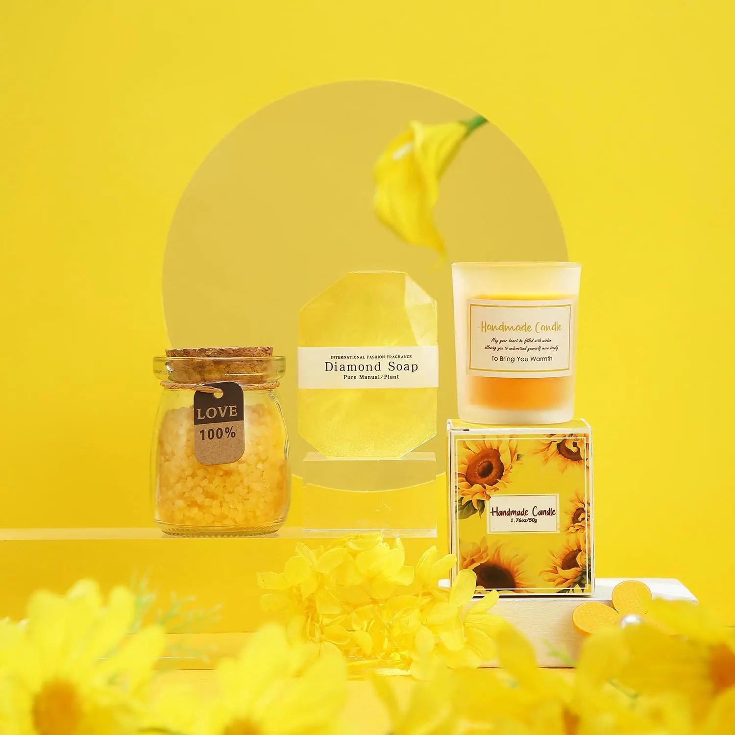 This spa gift set for women includes a sunflower-themed bath bomb, scented candle, tumbler, jewelry, and other self-care items in a beautifully packaged gift box.