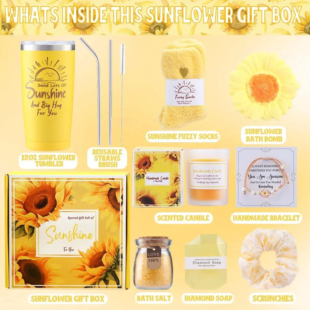This spa gift set for women includes a sunflower-themed bath bomb, scented candle, tumbler, jewelry, and other self-care items in a beautifully packaged gift box.