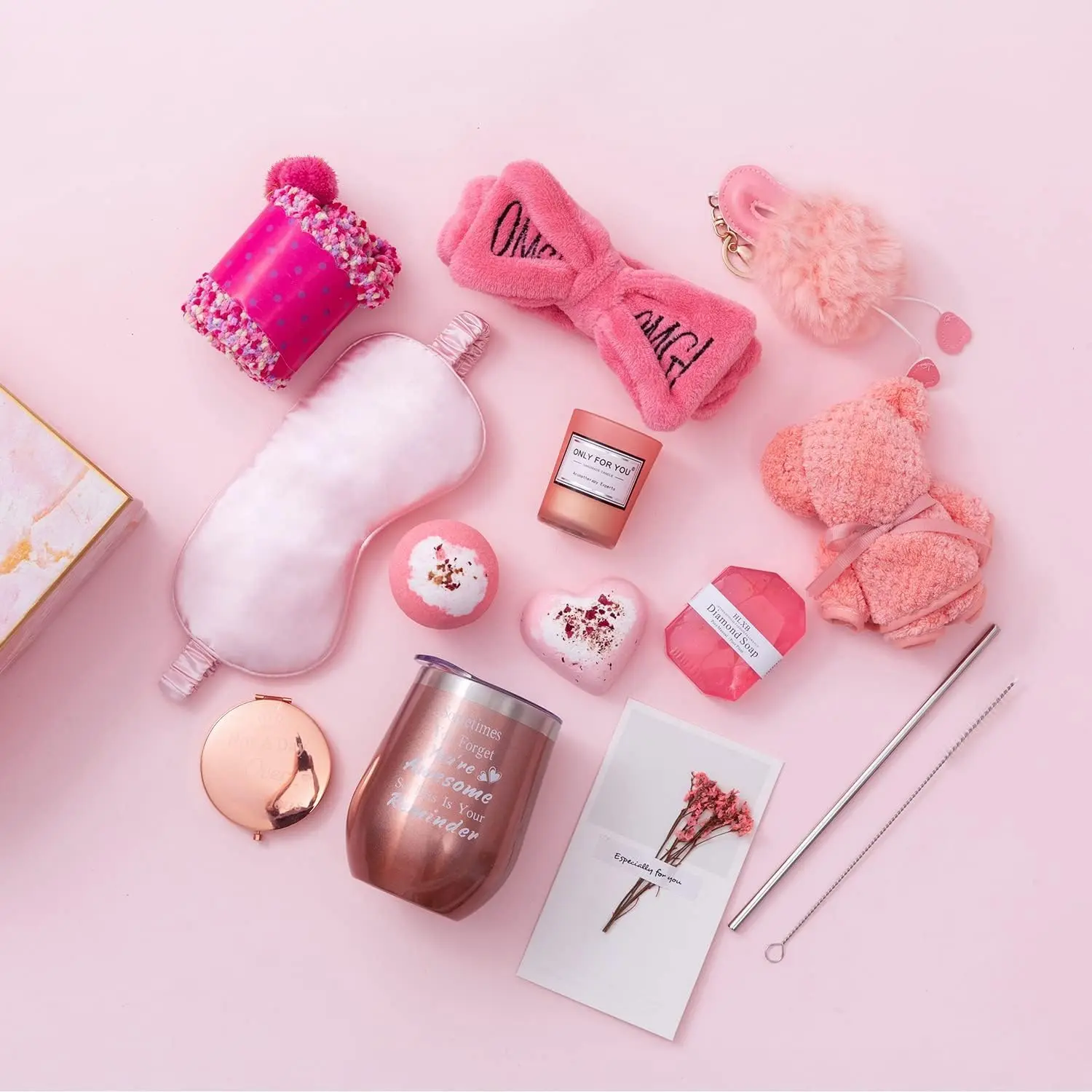 This spa gift set for women includes a rose gold cup, bath bomb, candle, soap, and other relaxing items, making it a perfect birthday or self-care gift.