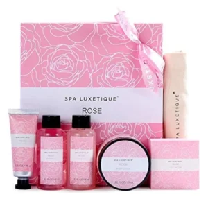 This luxurious spa gift set for women includes body lotion, shower gel, bubble bath, and hand cream, all beautifully packaged for a relaxing at-home spa experience, perfect for birthdays, Christmas, or Mother's Day.