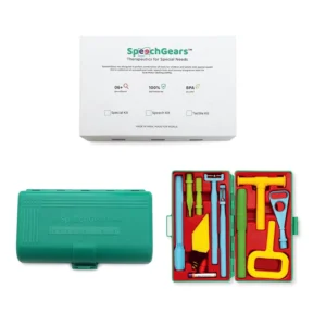 This SPEECHGEARS speech tool kit includes oral motor tools like tongue steer, TT-LR, and TT-UD to help with tongue lateralization, elevation, and speech development; made of food-grade material.