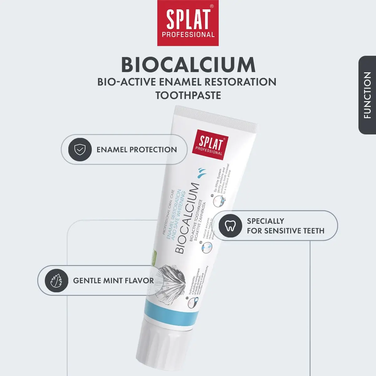 SPLAT Biocalcium toothpaste helps remineralize enamel and reduce sensitivity with Hydroxyapatite and Calcium Lactate, offering effective cleaning with natural papaya enzyme.