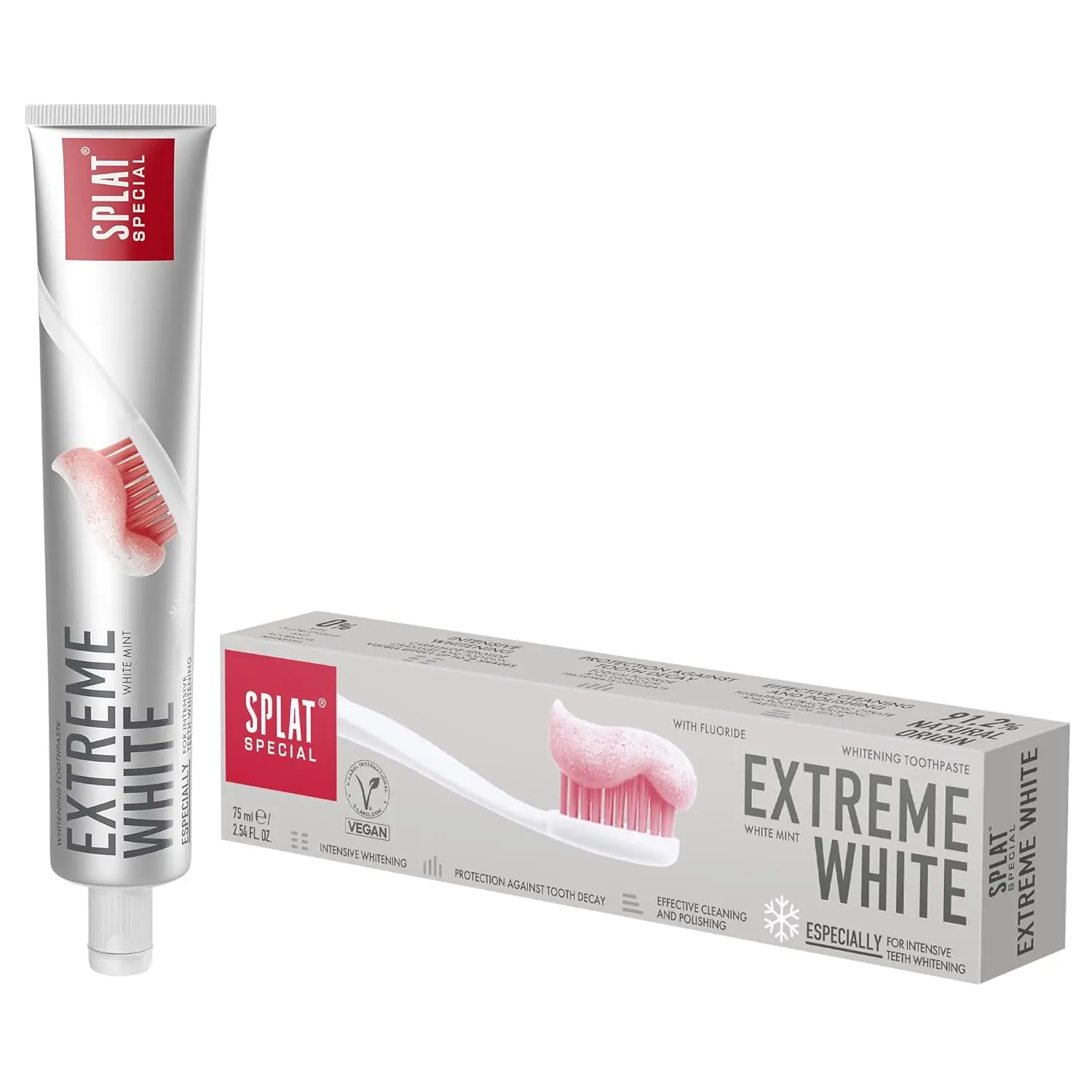 Splat Extreme White natural toothpaste brightens teeth with its anti-stain formula, offering gentle yet effective whitening for sensitive teeth.
