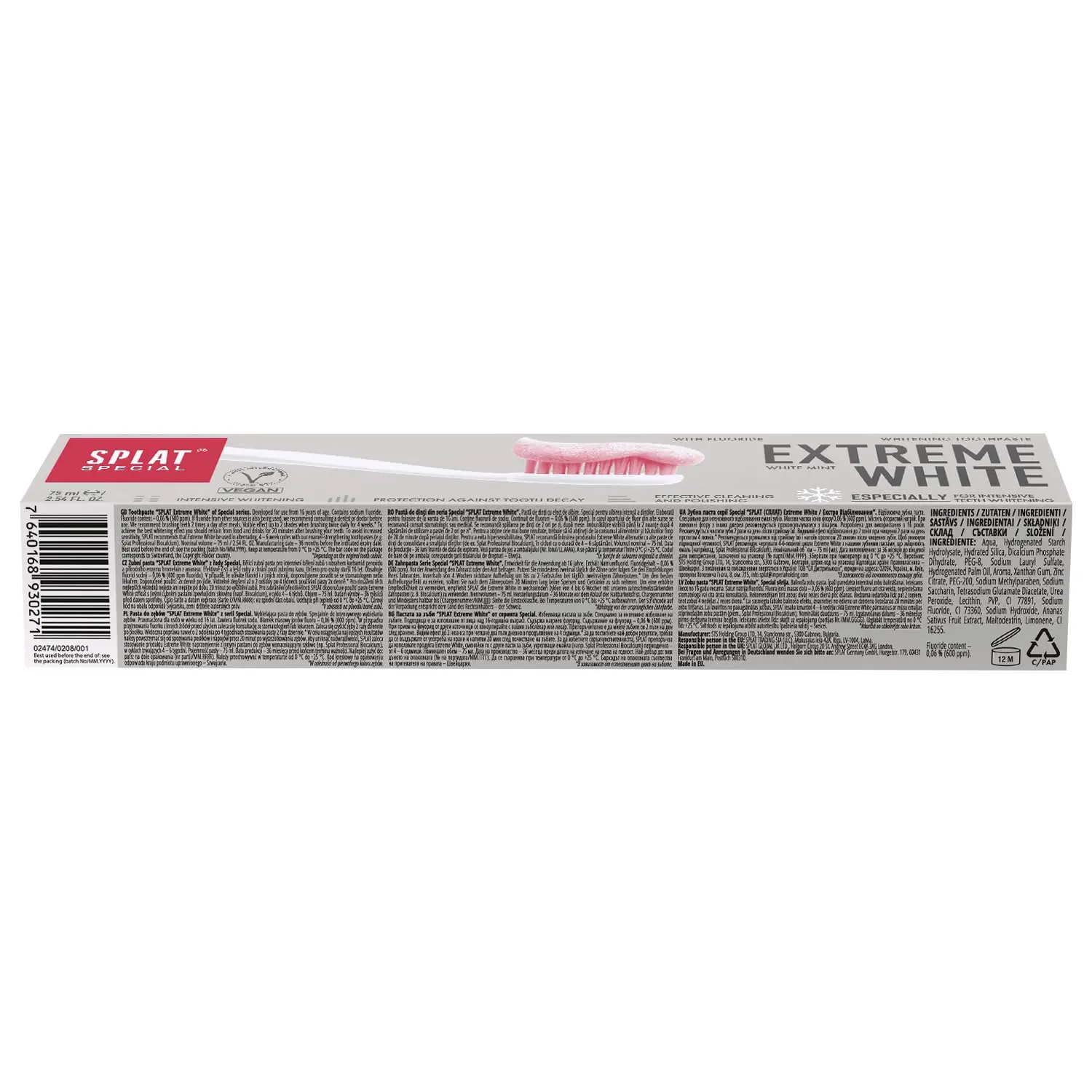 Splat Extreme White natural toothpaste brightens teeth with its anti-stain formula, offering gentle yet effective whitening for sensitive teeth.