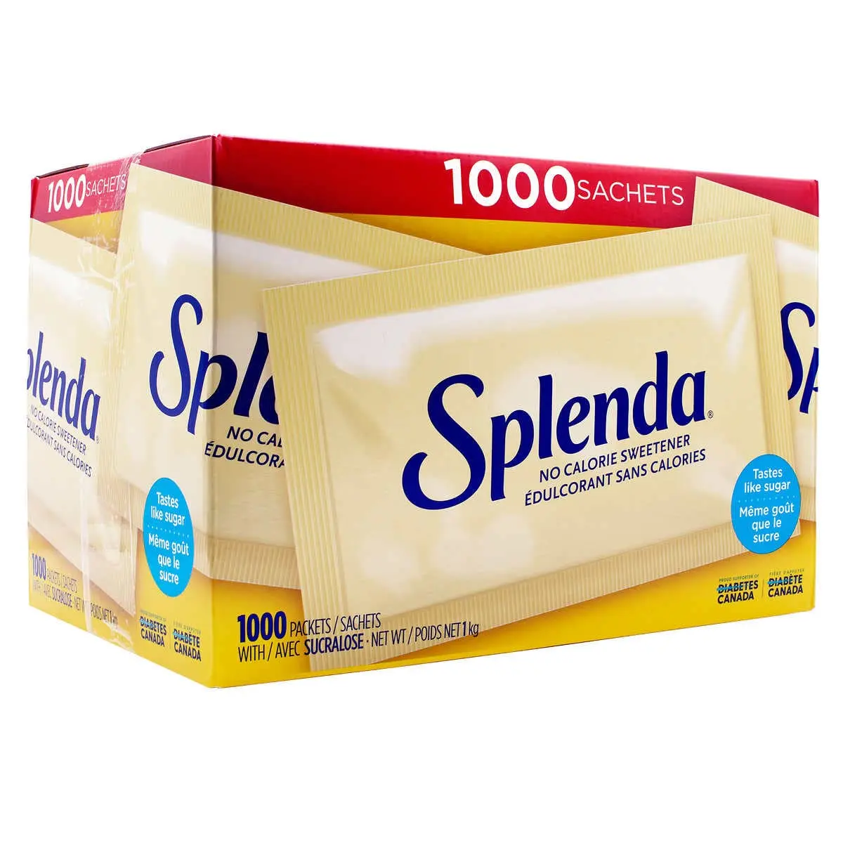A box of SPLENDA No Calorie Sweetener with 1000 individual sachets, a sugar substitute that tastes like sugar, has no calories, and is ideal for the whole family.