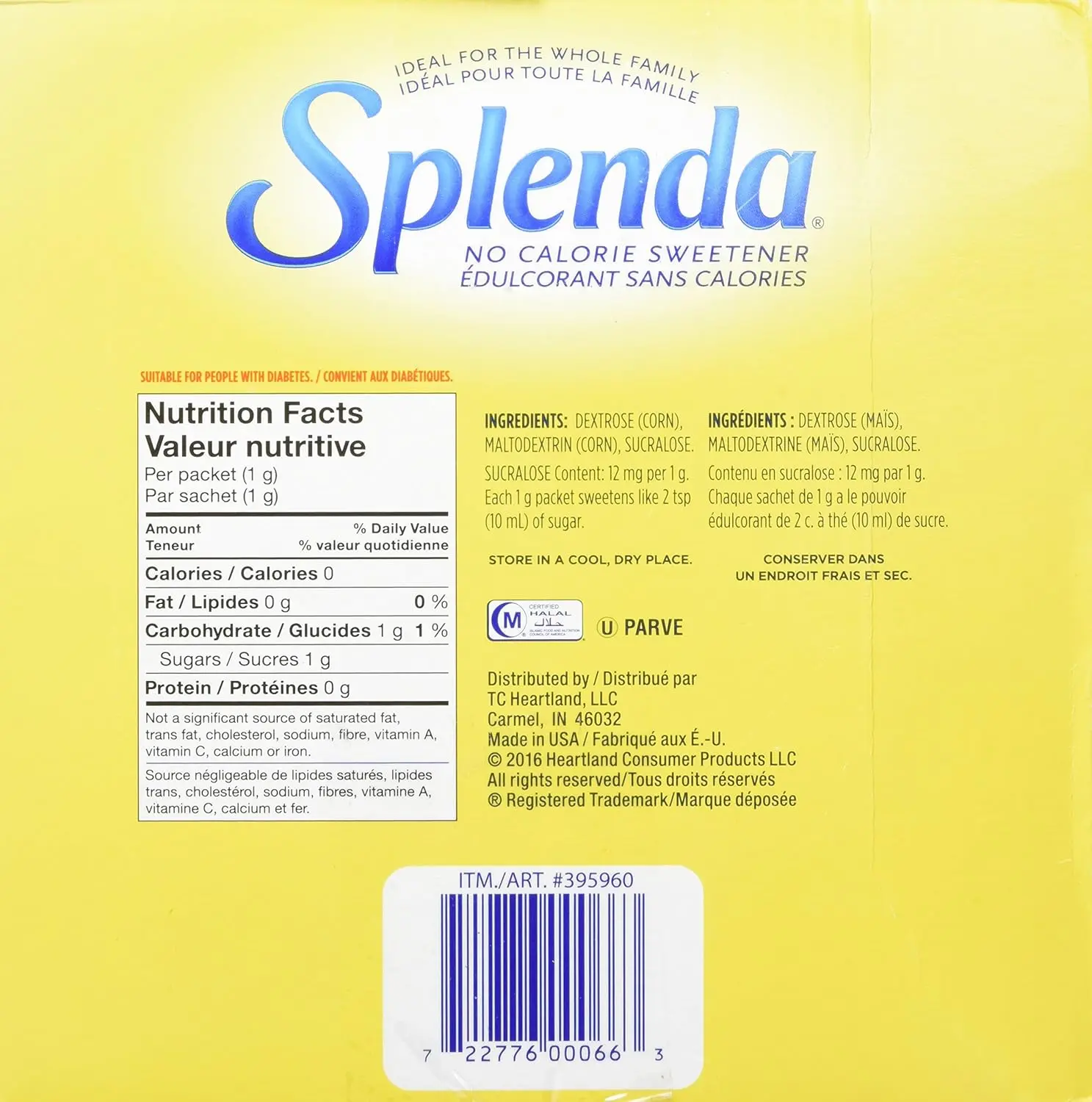 A box of SPLENDA No Calorie Sweetener with 1000 individual sachets, a sugar substitute that tastes like sugar, has no calories, and is ideal for the whole family.