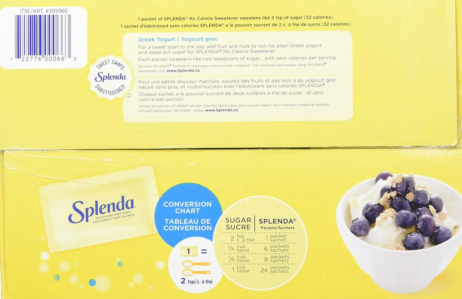 A box of SPLENDA No Calorie Sweetener with 1000 individual sachets, a sugar substitute that tastes like sugar, has no calories, and is ideal for the whole family.
