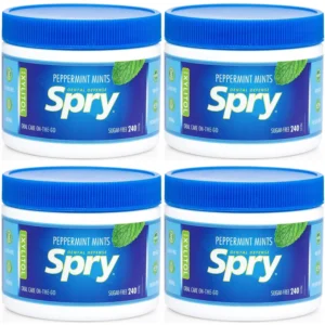 Four packs of Spry Xylitol peppermint breath mints that promote oral health, increase saliva production and stop bad breath, all in good packaging.