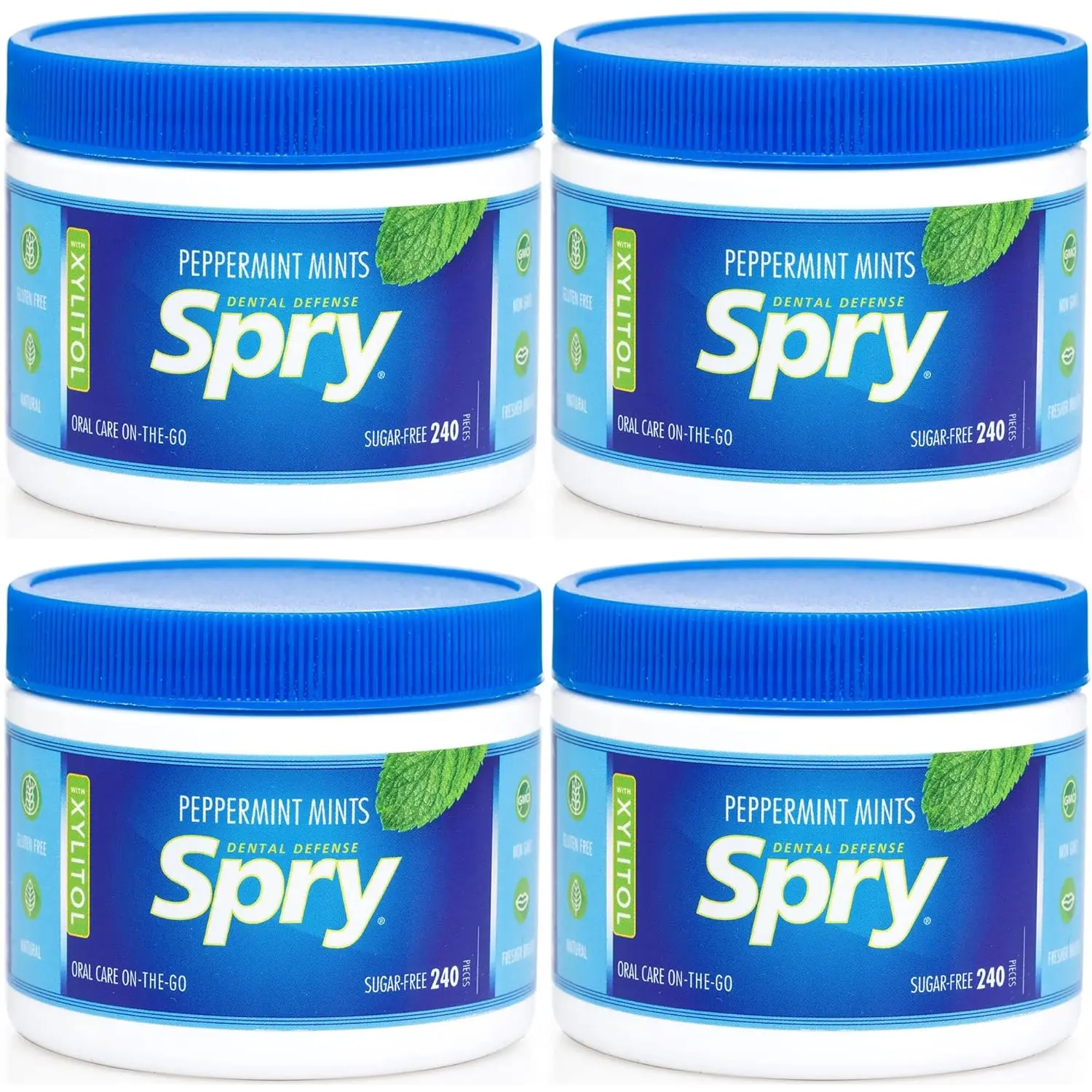 Four packs of Spry Xylitol peppermint breath mints that promote oral health, increase saliva production and stop bad breath, all in good packaging.