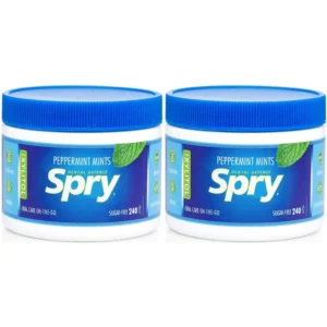 A package of Spry peppermint sugar-free mints, a healthy and delicious sugar candy alternative.