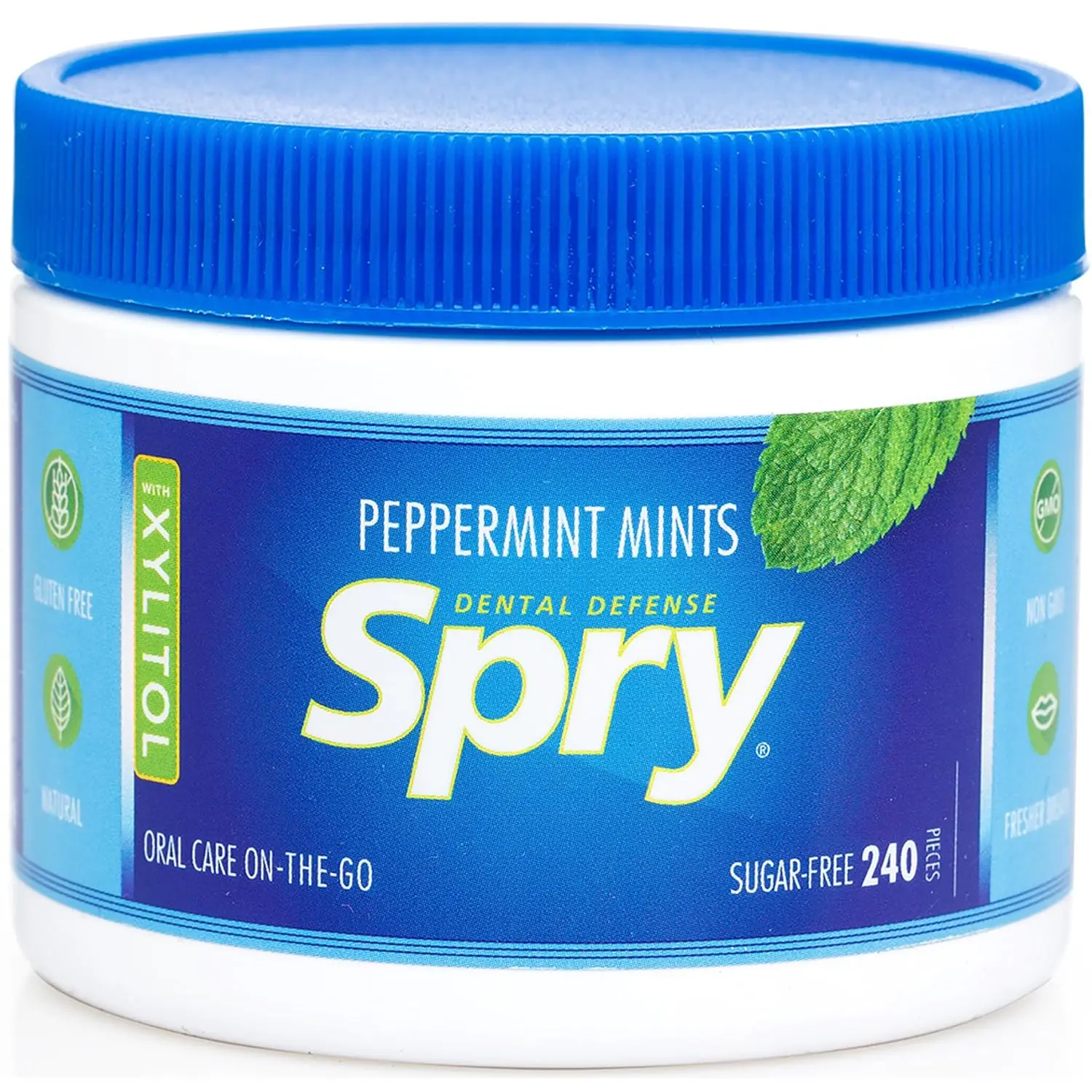 Four packs of Spry Xylitol peppermint breath mints that promote oral health, increase saliva production and stop bad breath, all in good packaging.