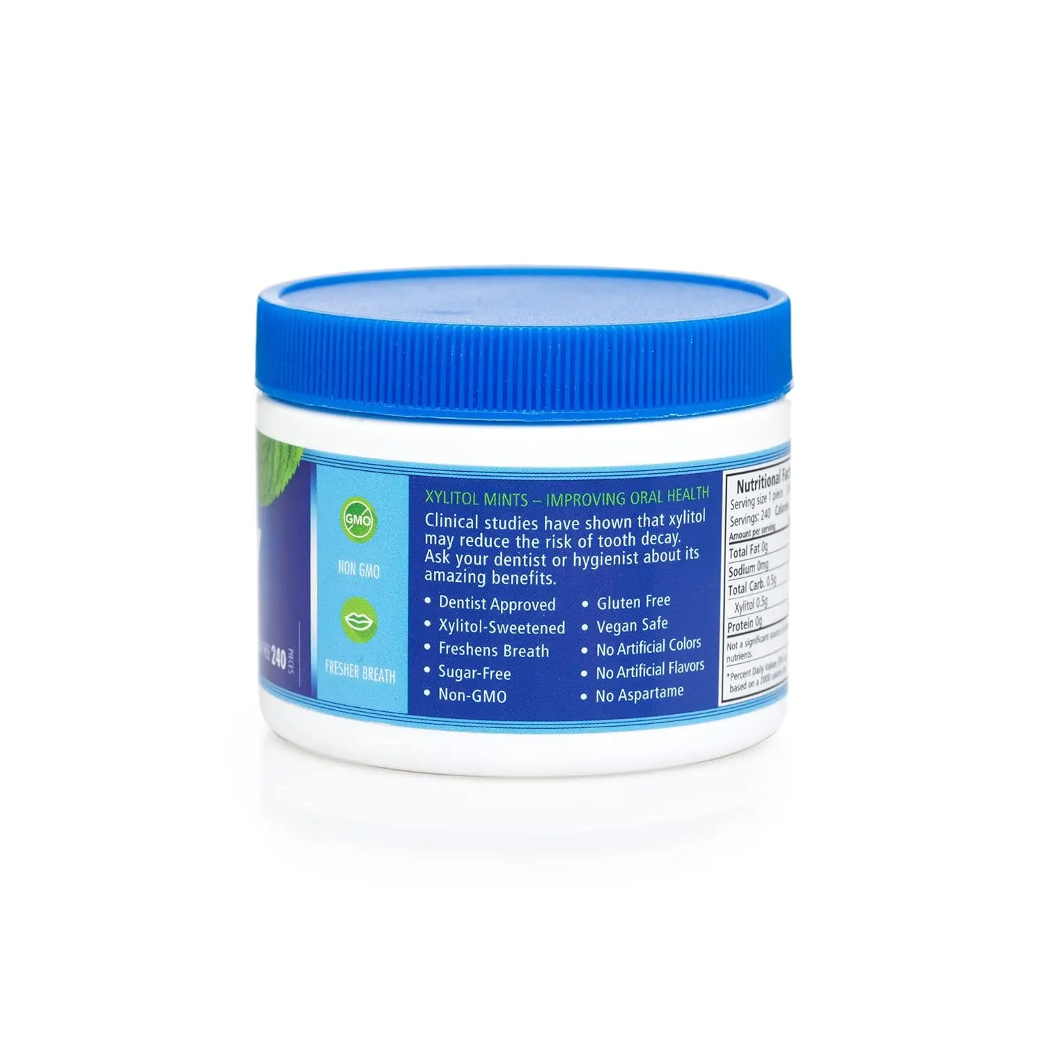 Four packs of Spry Xylitol peppermint breath mints that promote oral health, increase saliva production and stop bad breath, all in good packaging.