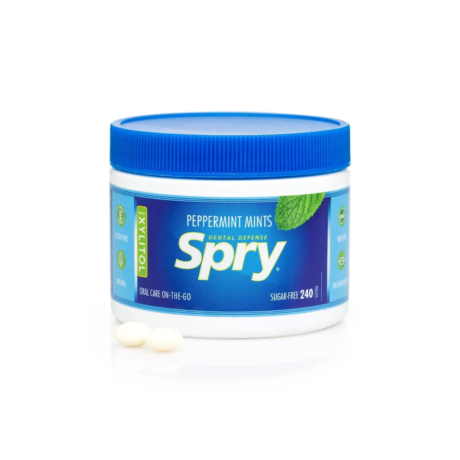 Four packs of Spry Xylitol peppermint breath mints that promote oral health, increase saliva production and stop bad breath, all in good packaging.
