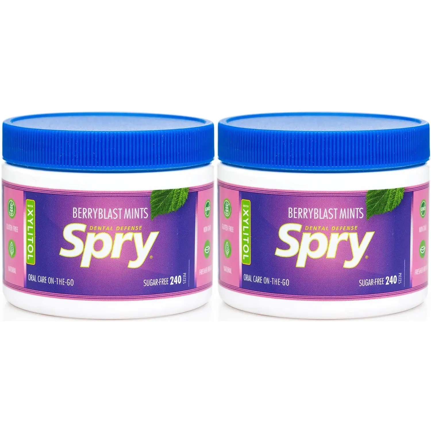 Two packs of Spry Xylitol Berry Blast Mints sugar-free hard candy, a dentist-recommended, low-calorie, and non-GMO treat that promotes oral health, increases saliva production, and helps stop bad breath with natural berry flavor.