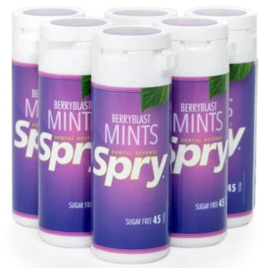 Spry xylitol berry blast mints are sugar-free hard candies that promote oral health, increase saliva production to combat dry mouth, and stop bad breath, made with natural xylitol sweetener and berry flavor.