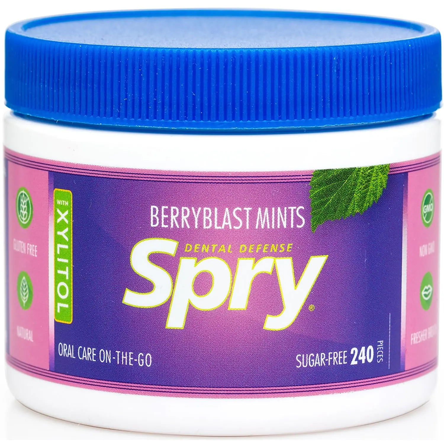 Two packs of Spry Xylitol Berry Blast Mints sugar-free hard candy, a dentist-recommended, low-calorie, and non-GMO treat that promotes oral health, increases saliva production, and helps stop bad breath with natural berry flavor.
