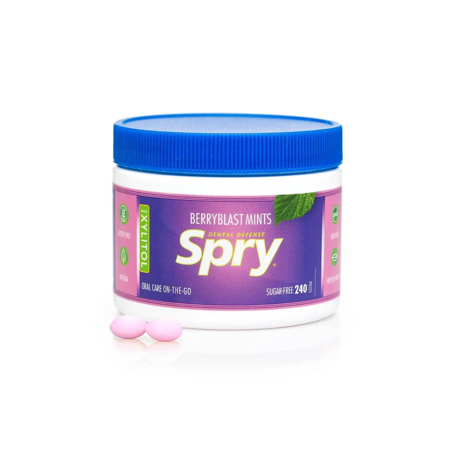 Two packs of Spry Xylitol Berry Blast Mints sugar-free hard candy, a dentist-recommended, low-calorie, and non-GMO treat that promotes oral health, increases saliva production, and helps stop bad breath with natural berry flavor.