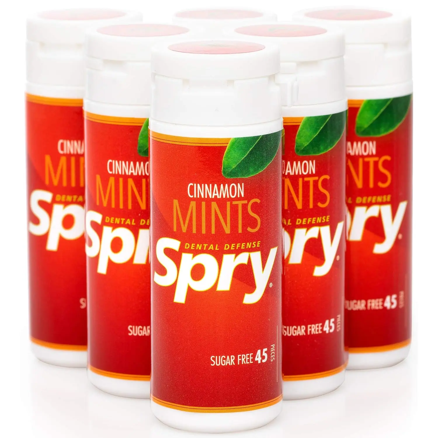 This is a six pack of Spry Xylitol Mints, naturally flavored with cinnamon, each containing 45 mints of sugar-free candy.