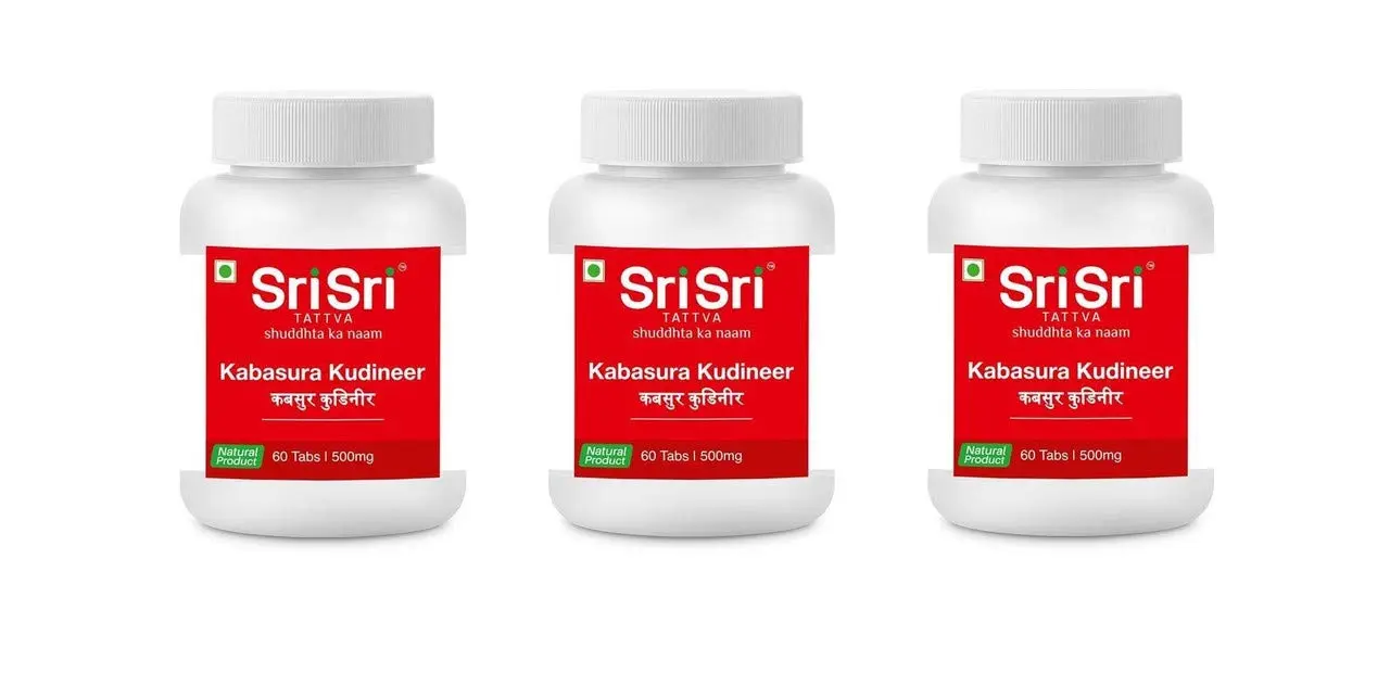 Three packs of Sri Sri Tattva Kabasura Kudineer, each containing 60 tablets of Ayurvedic medicine.