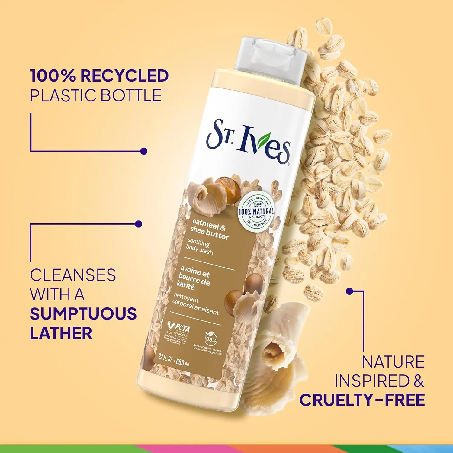 Bottle of St Ives Oatmeal and Shea Butter body wash for soothing and cleansing dry, sensitive skin.