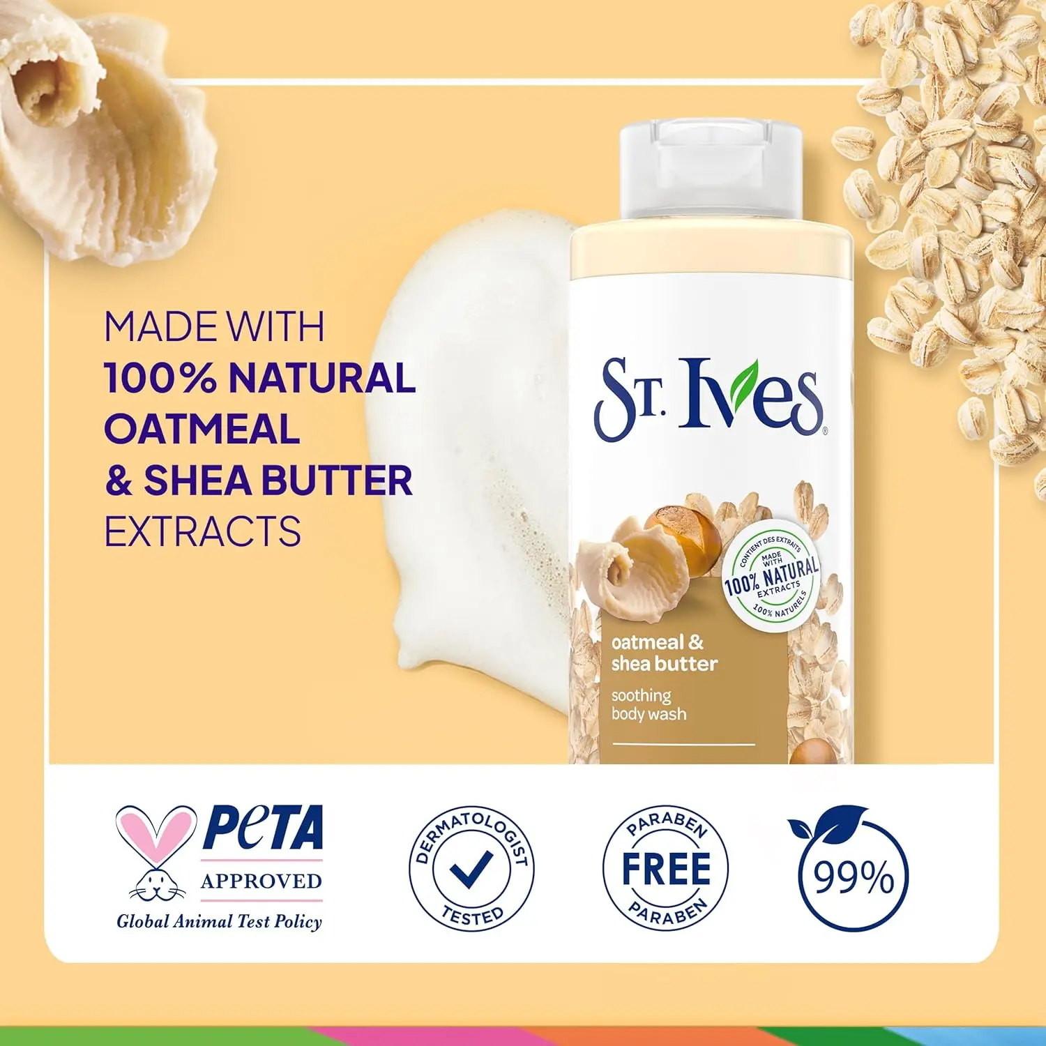 Bottle of St Ives Oatmeal and Shea Butter body wash for soothing and cleansing dry, sensitive skin.