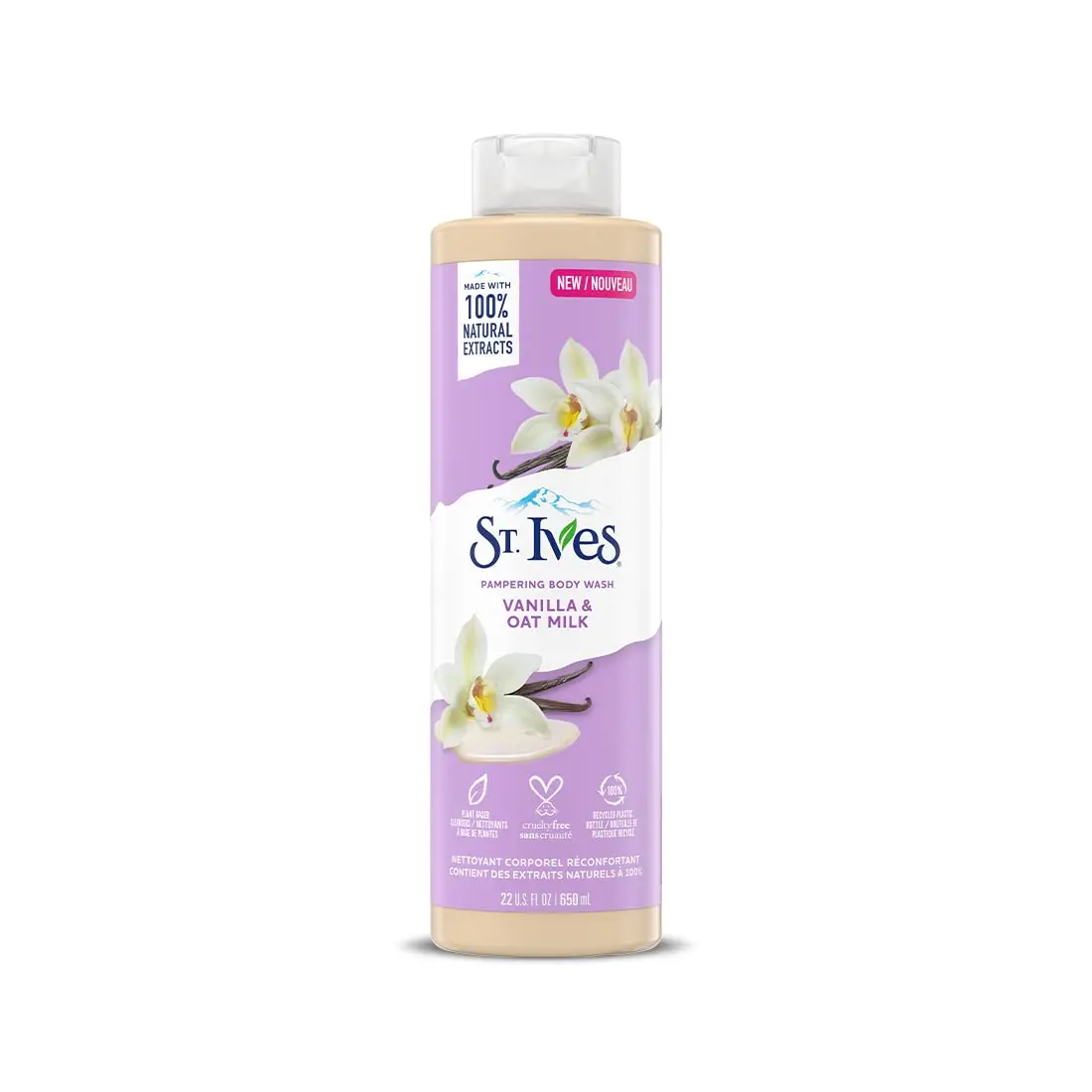 Bottle of St. Ives Vanilla & Oat Milk body wash, a paraben-free and dermatologist-tested cleanser made with plant-based cleansers and 100% natural extracts for glowing skin.