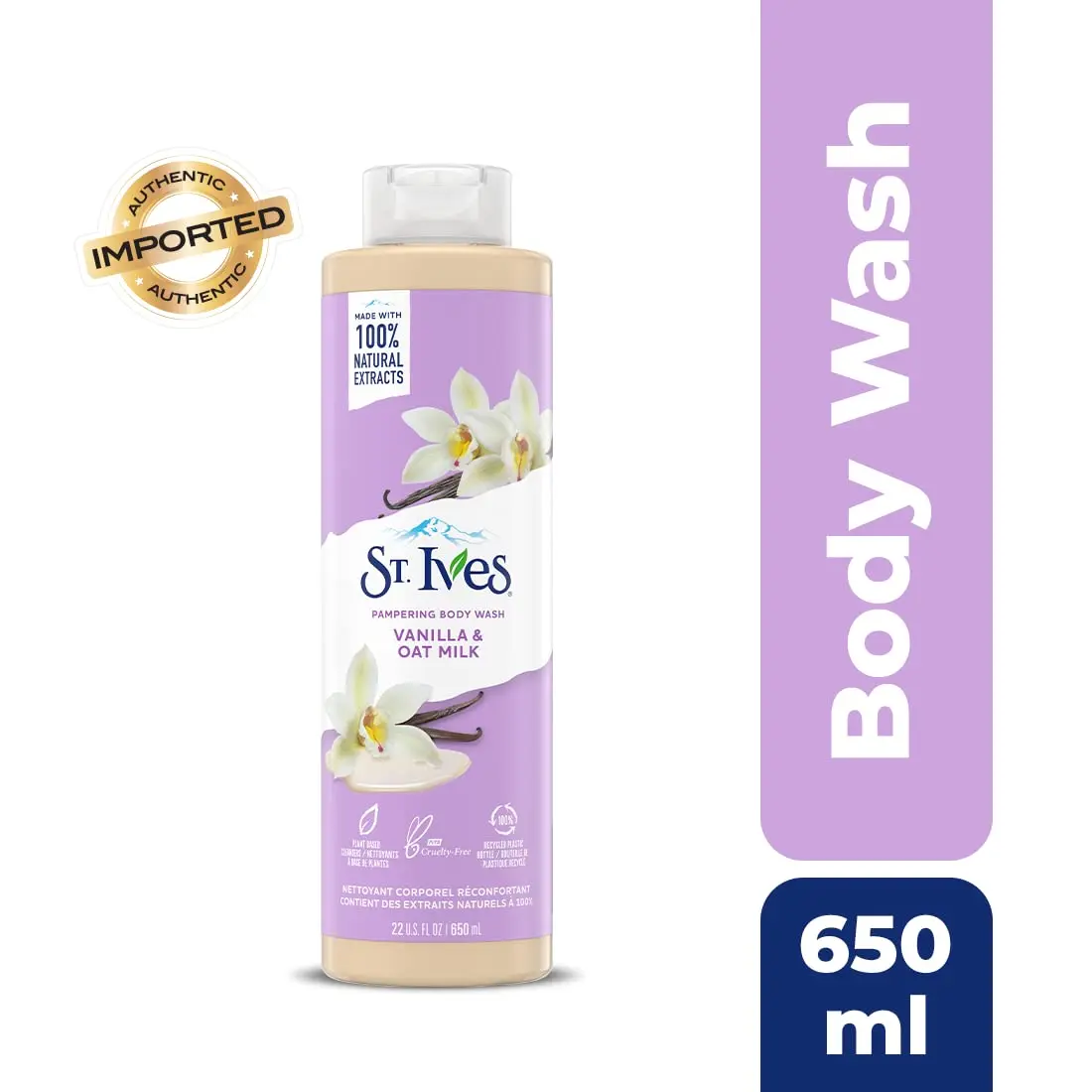 Bottle of St. Ives Vanilla & Oat Milk body wash, a paraben-free and dermatologist-tested cleanser made with plant-based cleansers and 100% natural extracts for glowing skin.