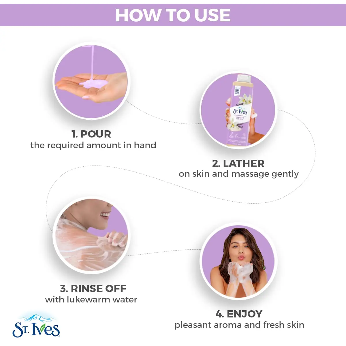 Bottle of St. Ives Vanilla & Oat Milk body wash, a paraben-free and dermatologist-tested cleanser made with plant-based cleansers and 100% natural extracts for glowing skin.